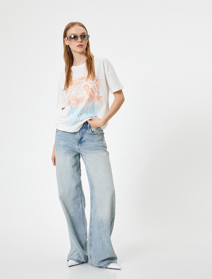  Slogan Baskılı Tişört Relax Fit Bisiklet Yaka Kısa Kollu