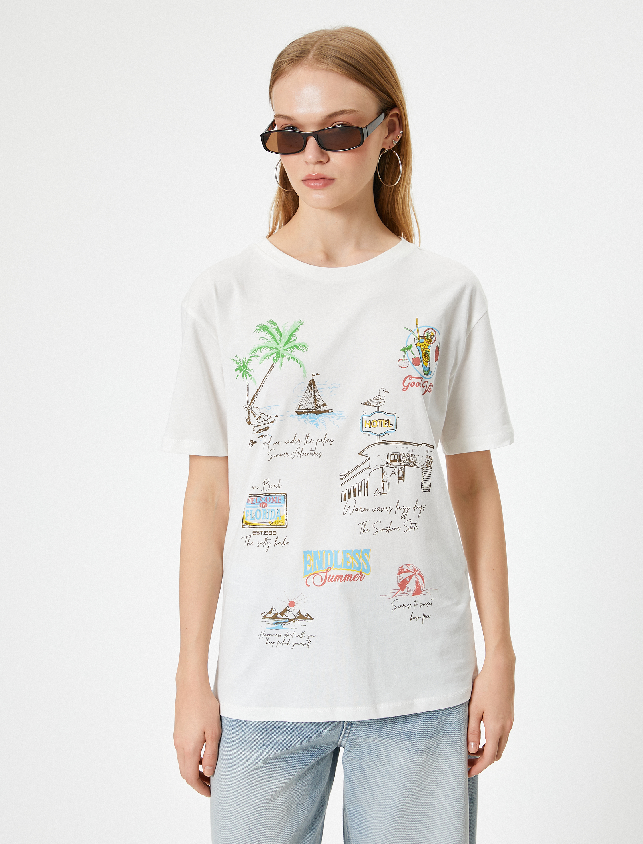   Yaz Temalı Baskılı Tişört Relax Fit Kısa Kollu Bisiklet Yaka