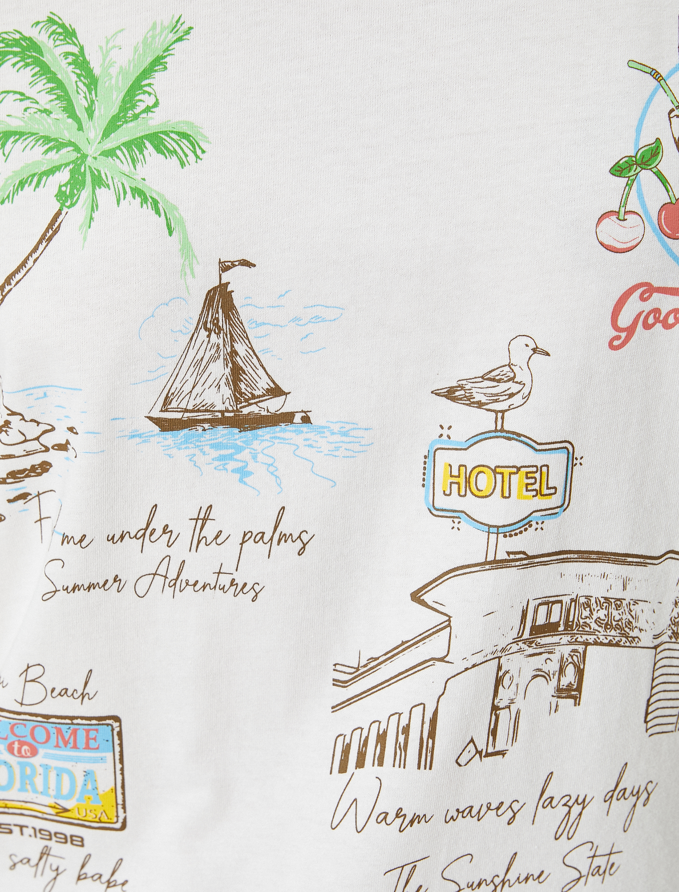   Yaz Temalı Baskılı Tişört Relax Fit Kısa Kollu Bisiklet Yaka