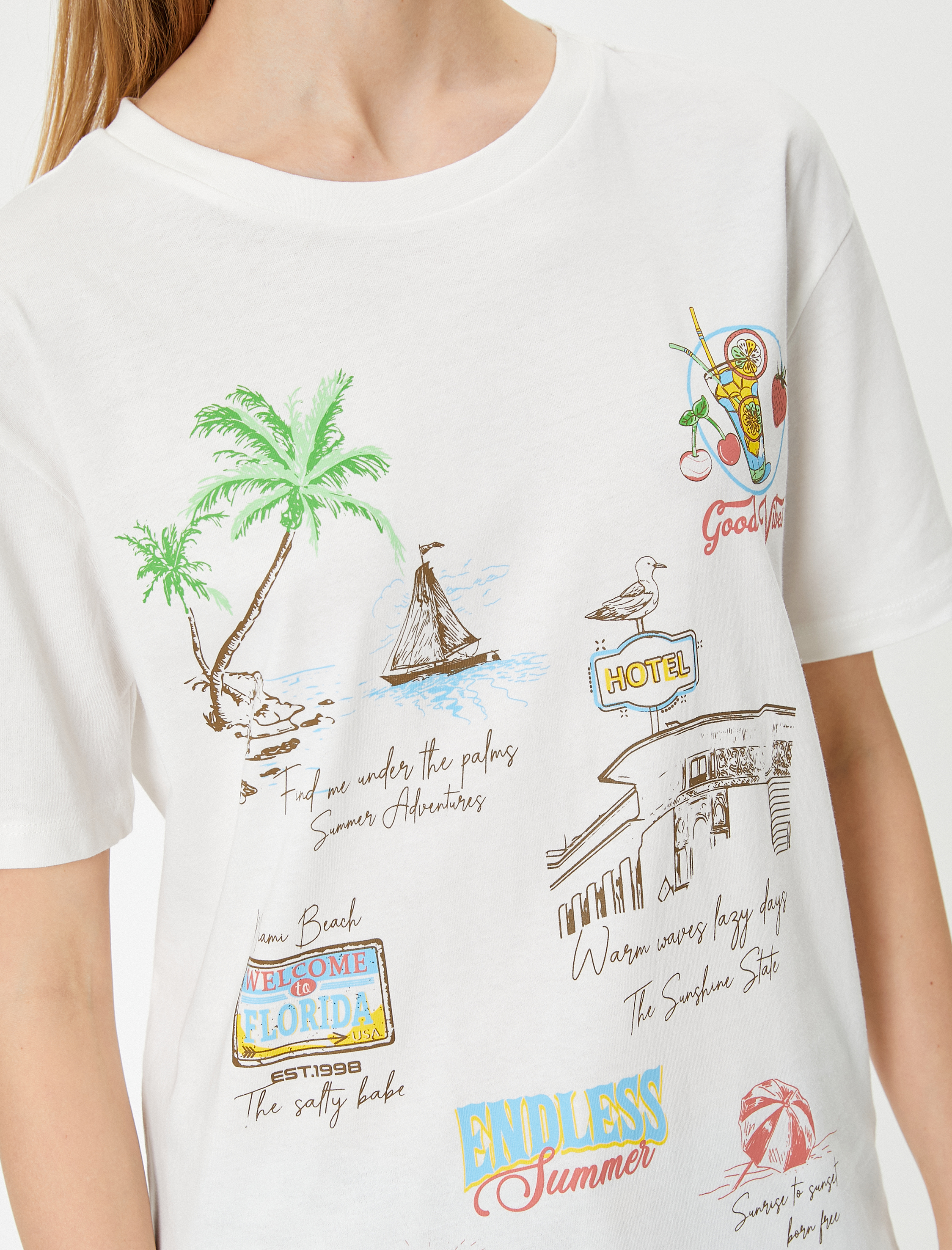   Yaz Temalı Baskılı Tişört Relax Fit Kısa Kollu Bisiklet Yaka