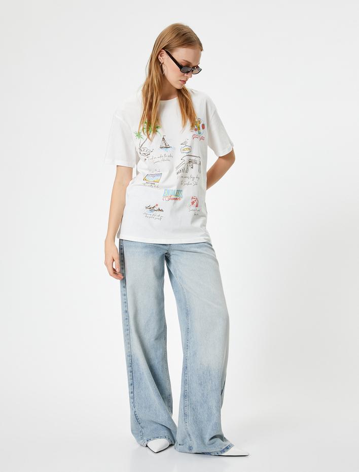  Yaz Temalı Baskılı Tişört Relax Fit Kısa Kollu Bisiklet Yaka