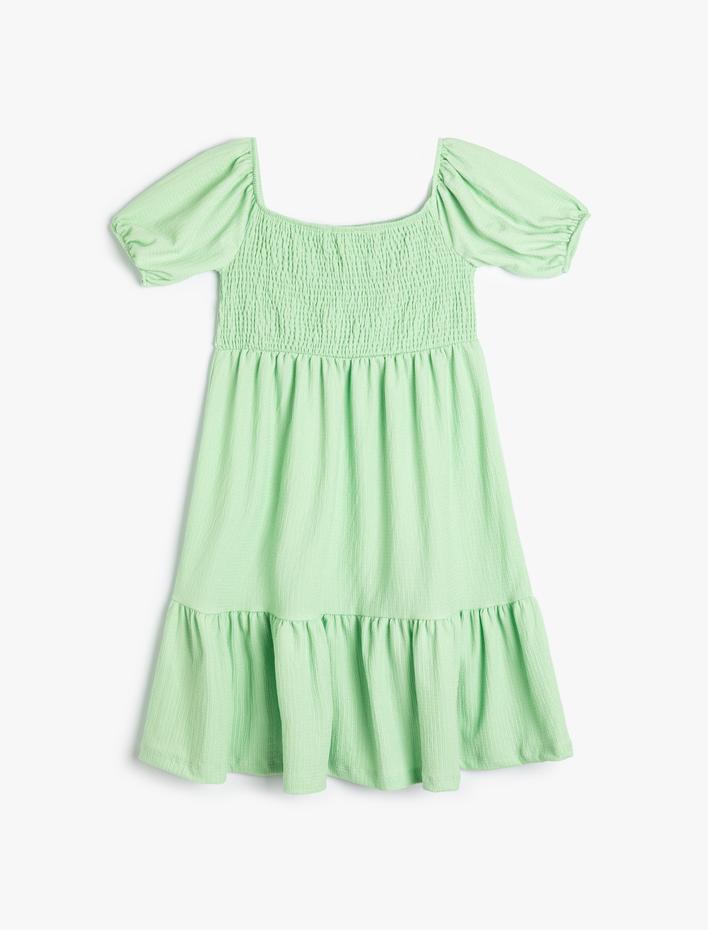 Kız Çocuk Elbise Kısa Kollu Gipeli Kare Yaka Katlı