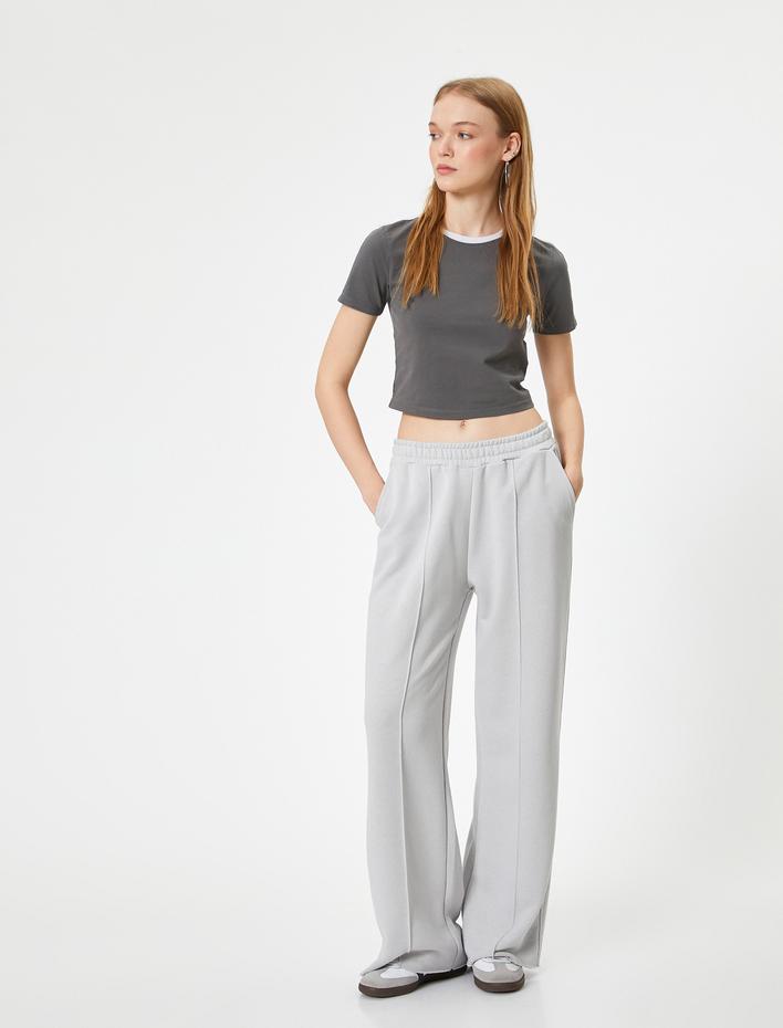  Arkası Baskılı Tişört Crop Bisiklet Yaka Likralı Slim Fit