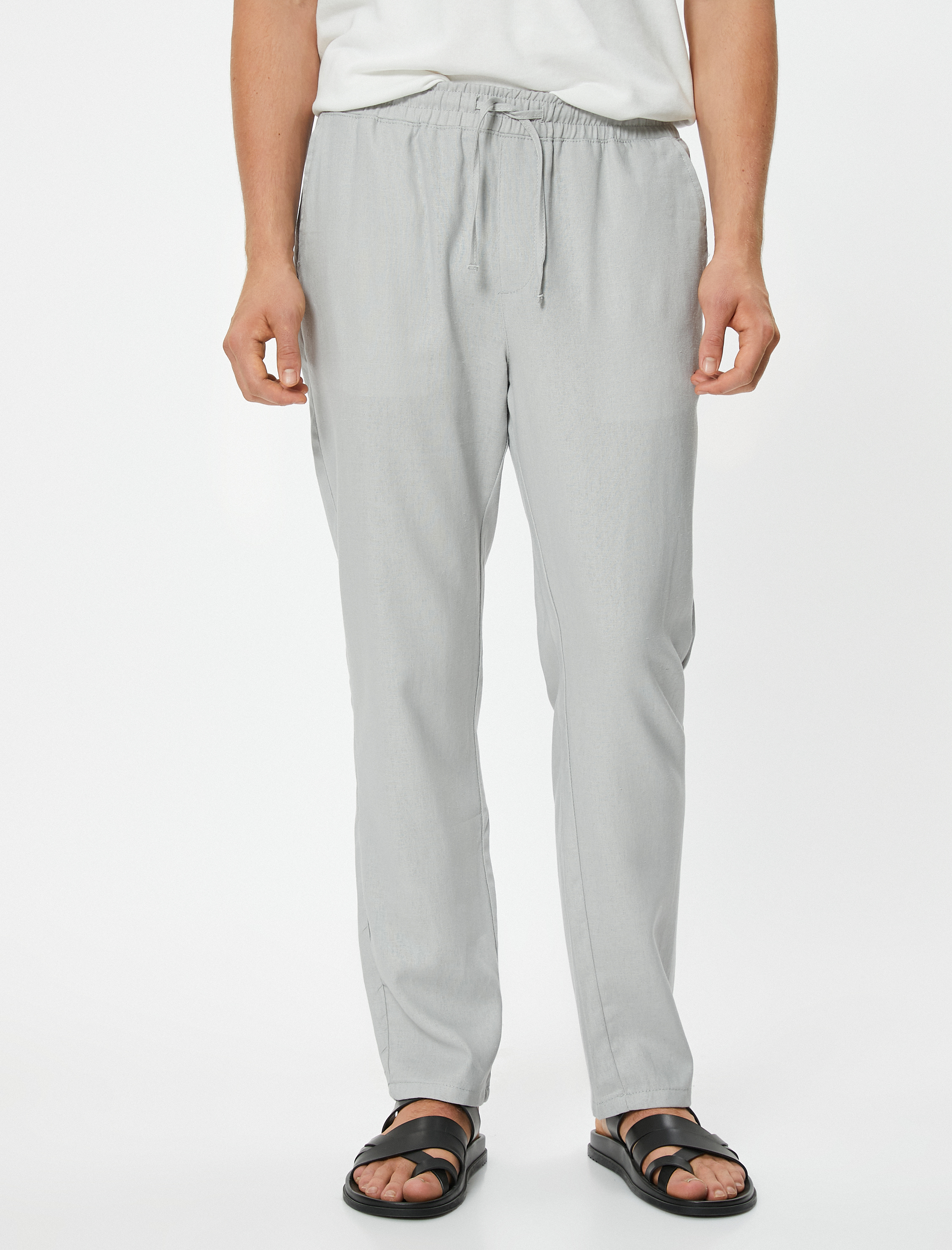   Yazlık Keten Pantolon Chino Beli Bağcıklı Cepli