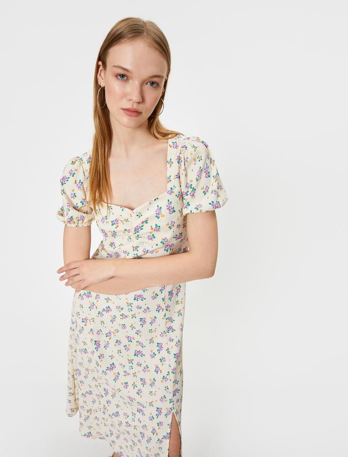  Balon Kol Elbise Midi Çiçekli A Kesim Kare Yaka Yırtmaçlı Bürümcük