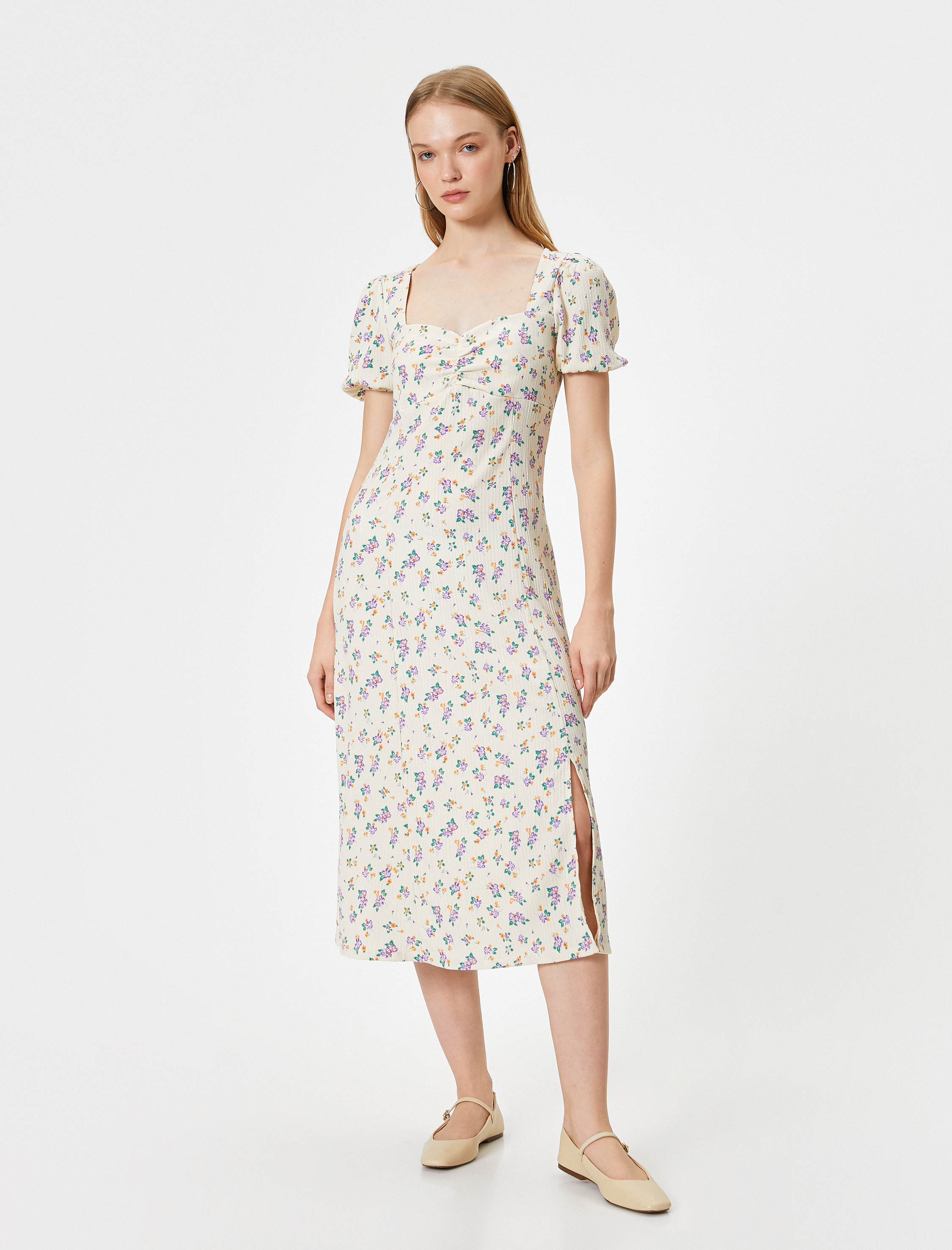   Balon Kol Elbise Midi Çiçekli A Kesim Kare Yaka Yırtmaçlı Bürümcük