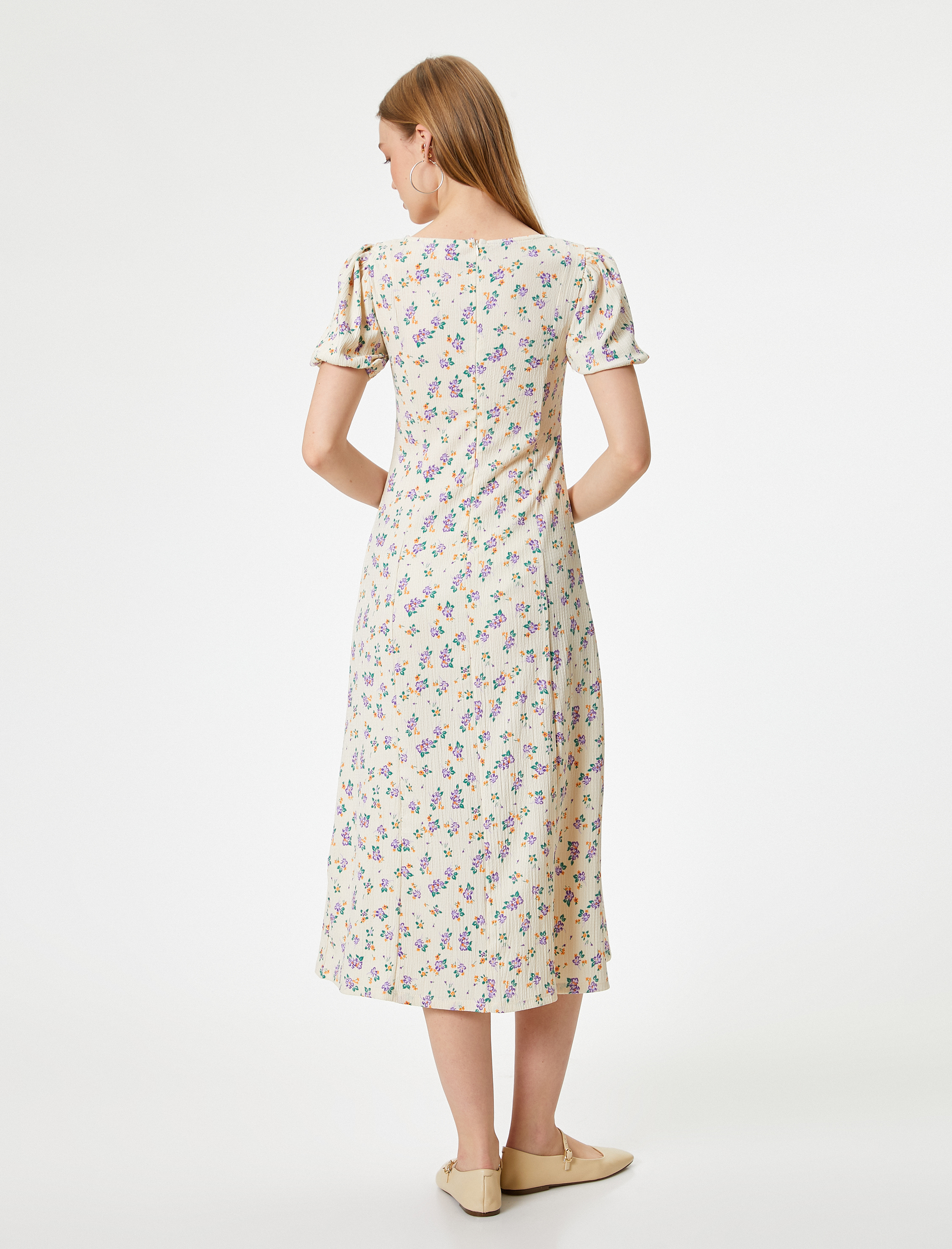   Balon Kol Elbise Midi Çiçekli A Kesim Kare Yaka Yırtmaçlı Bürümcük