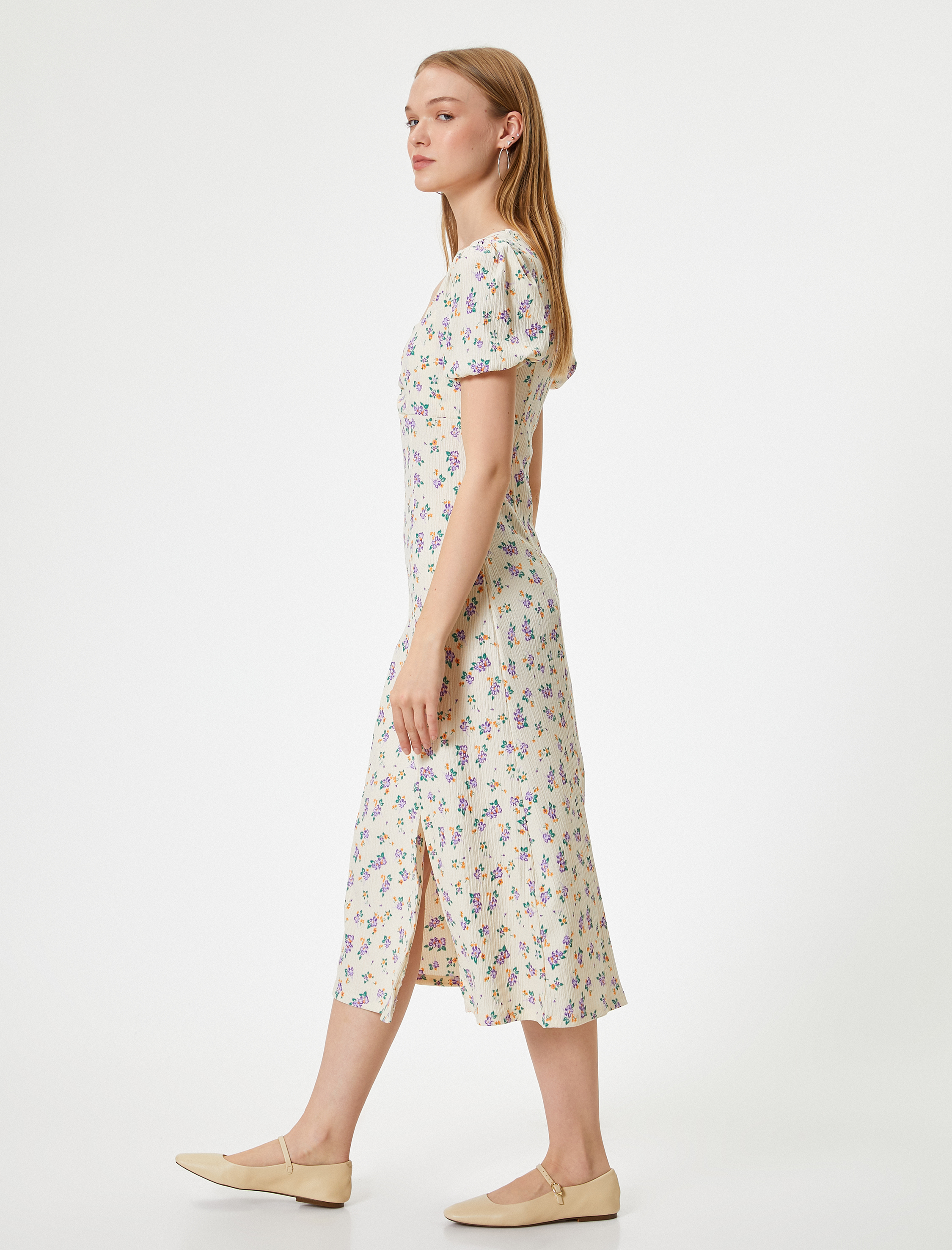   Balon Kol Elbise Midi Çiçekli A Kesim Kare Yaka Yırtmaçlı Bürümcük