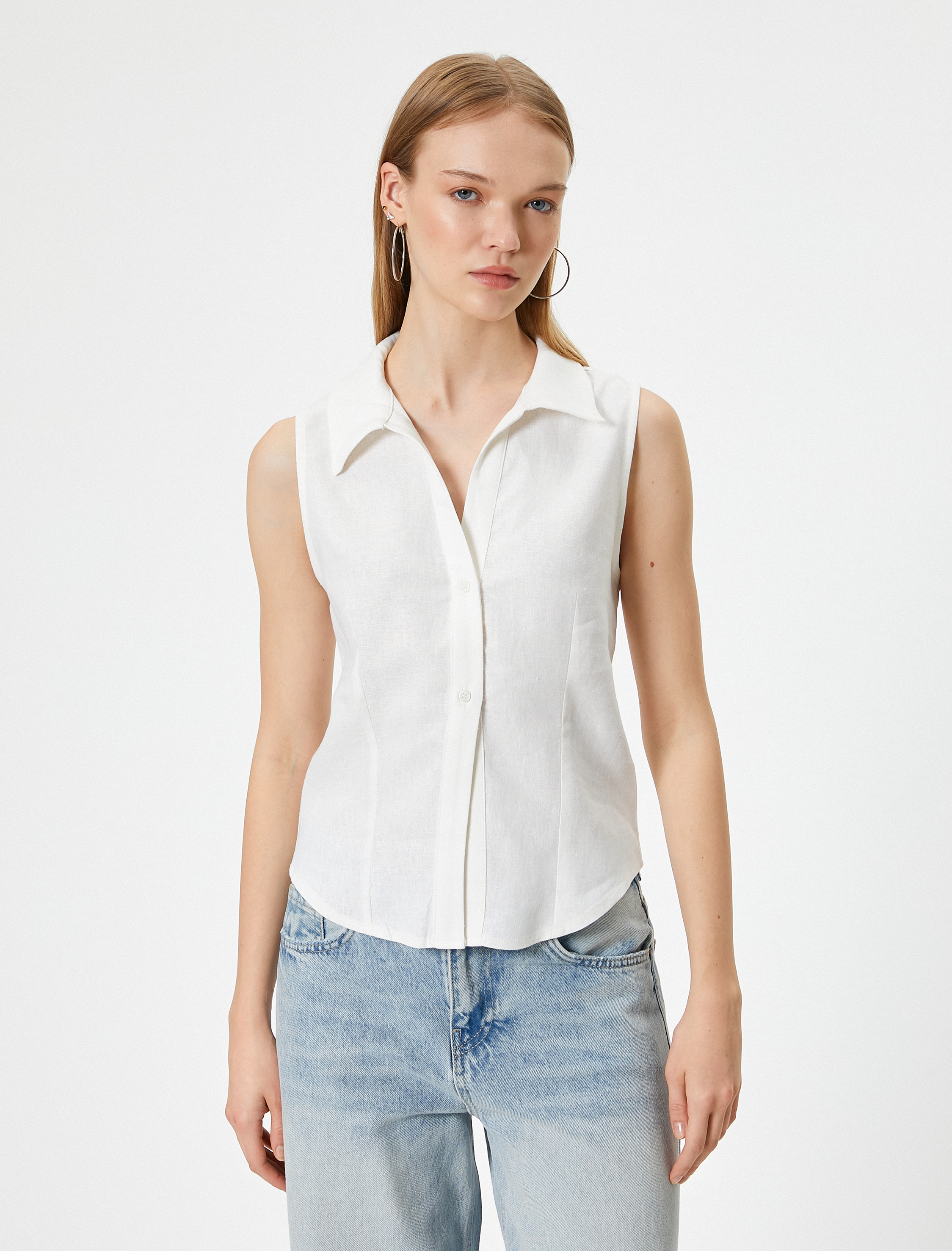   Keten Karışımlı Gömlek Crop Kolsuz Klasik Yaka Slim Fit