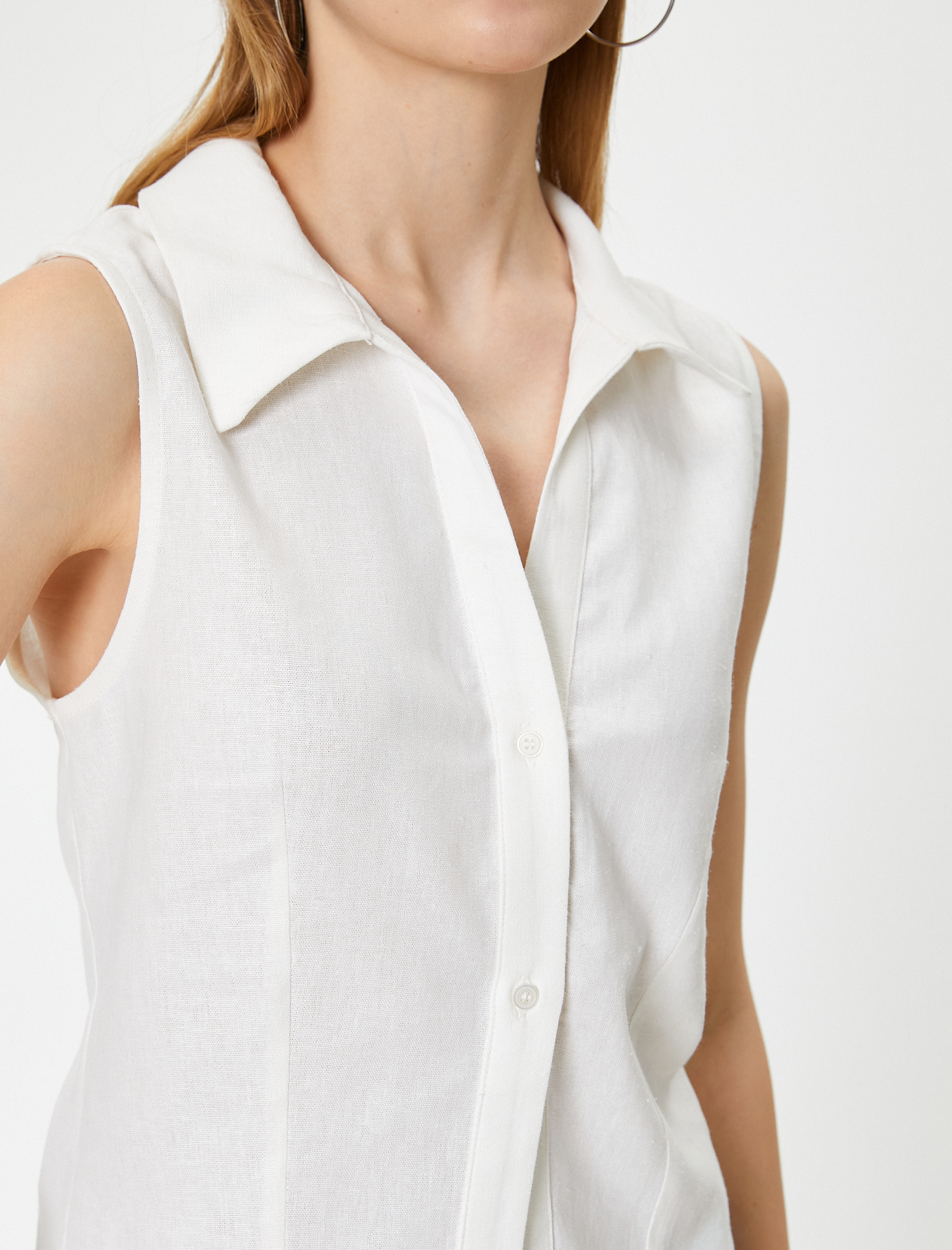   Keten Karışımlı Gömlek Crop Kolsuz Klasik Yaka Slim Fit