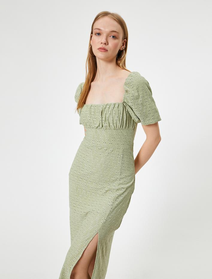  Fisto Elbise Balon Kol Midi Kare Yaka Slim Fit Yırtmaç Detaylı