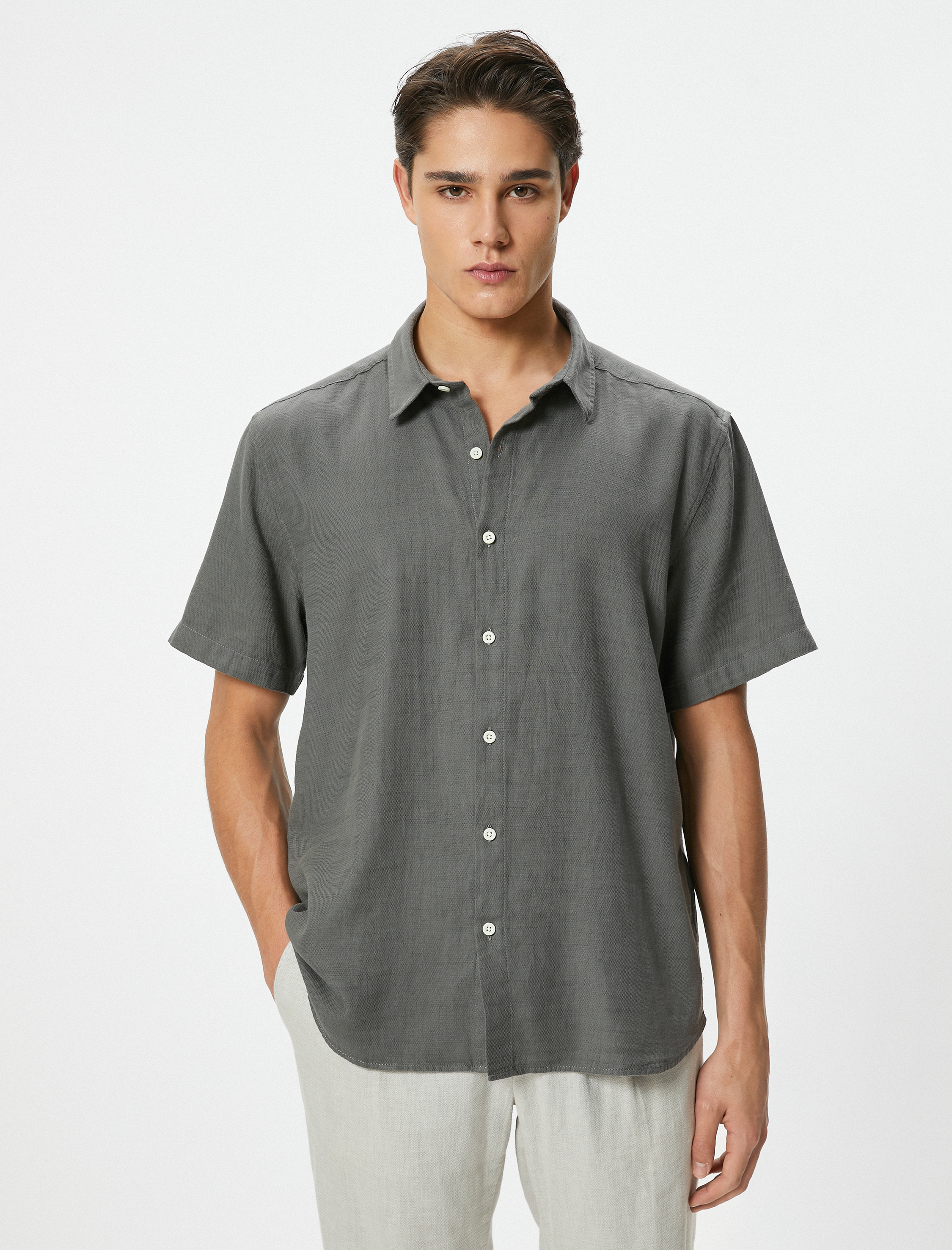   Yazlık Gömlek Kısa Kollu Klasik Yaka Düğmeli Pamuklu Regular Fit