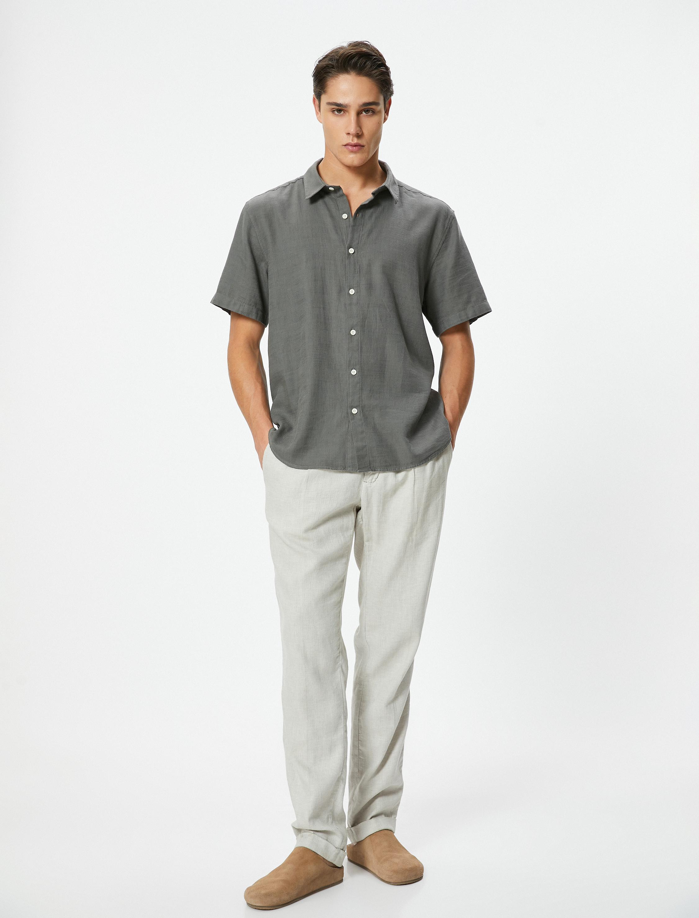   Yazlık Gömlek Kısa Kollu Klasik Yaka Düğmeli Pamuklu Regular Fit