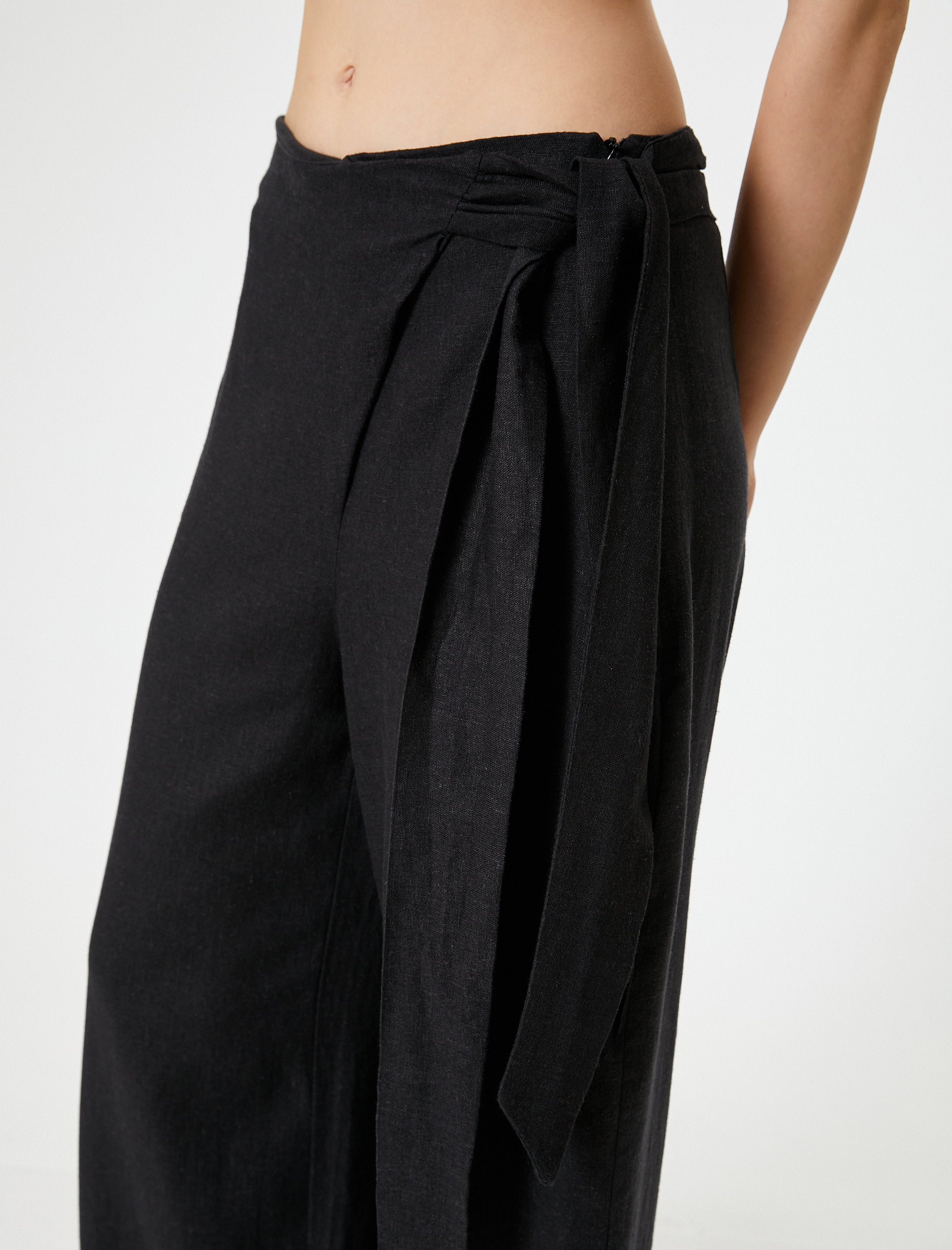   Keten Karışımlı Pantolon Geniş Paça Bağlama Detaylı