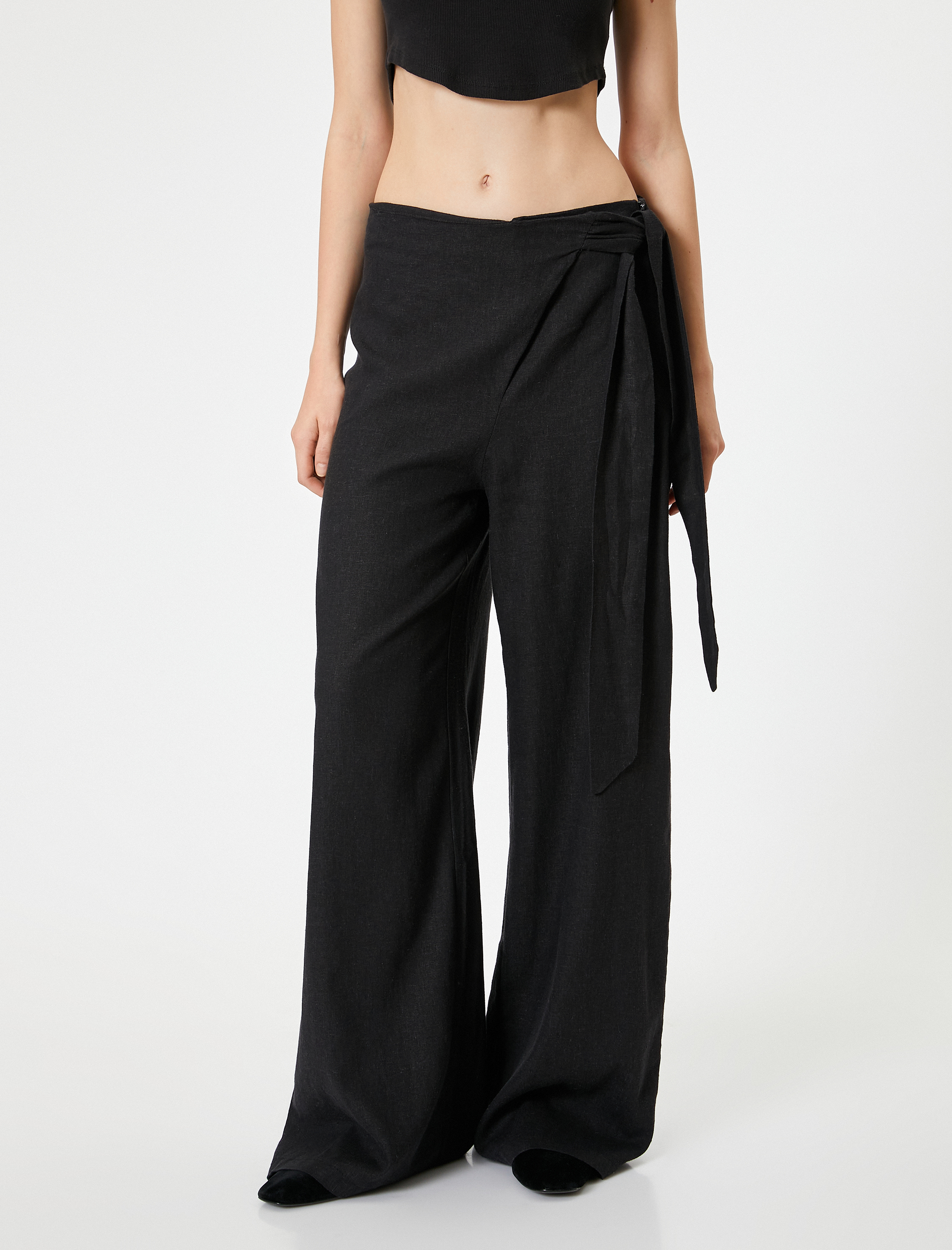   Keten Karışımlı Pantolon Geniş Paça Bağlama Detaylı