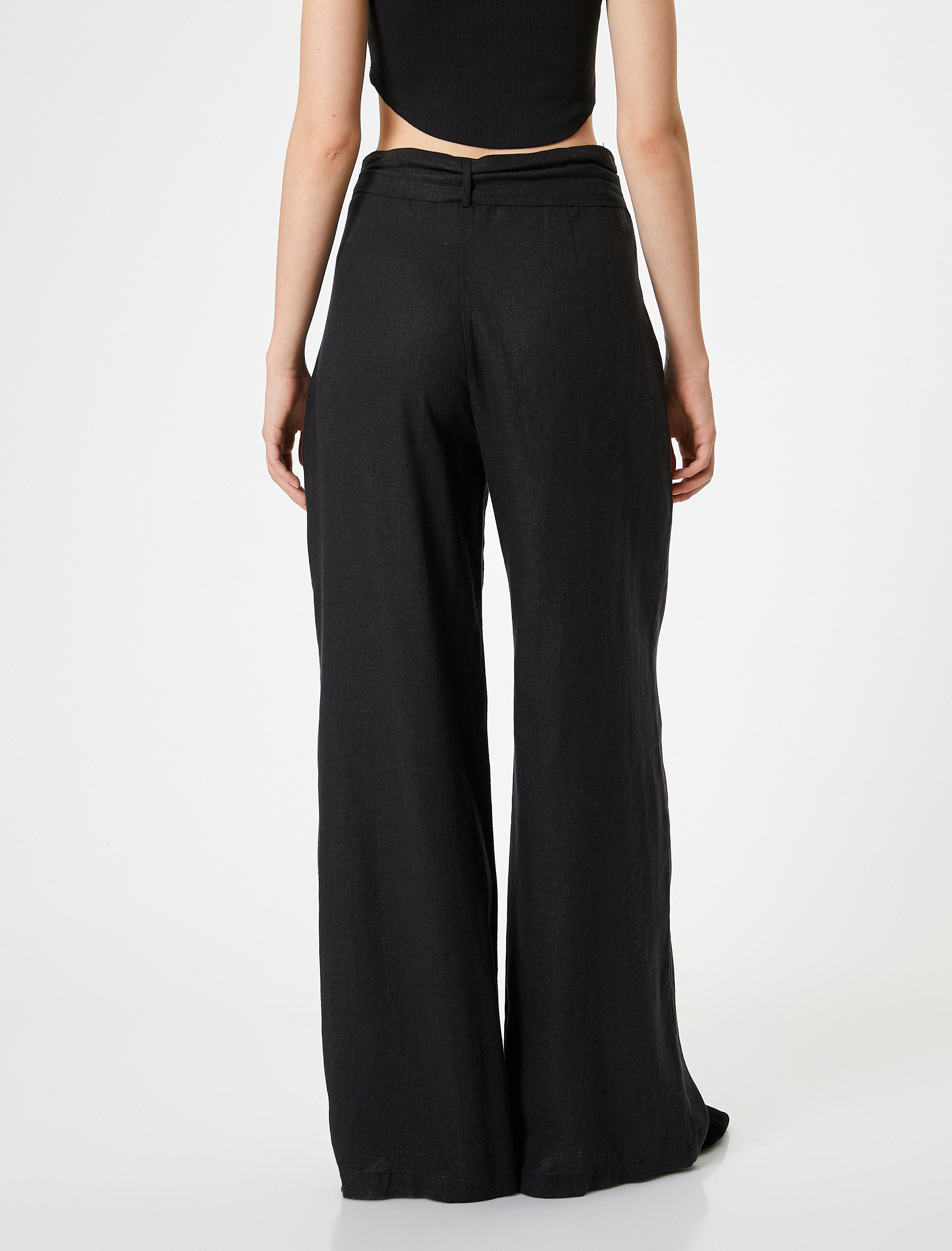   Keten Karışımlı Pantolon Geniş Paça Bağlama Detaylı