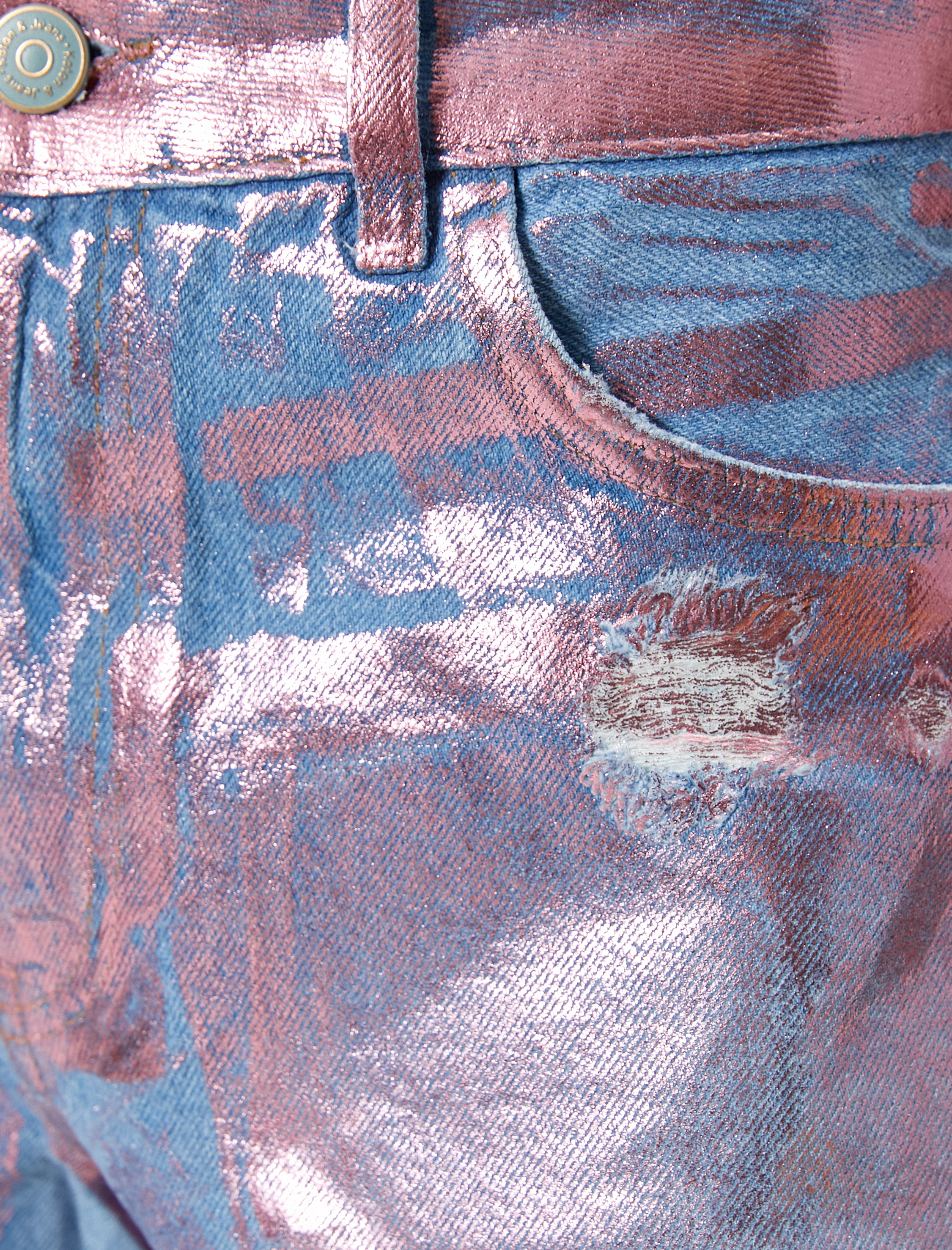   Ekstra Mini Kot Şort Metalik Baskı Detaylı Slim Fit Püsküllü Paça