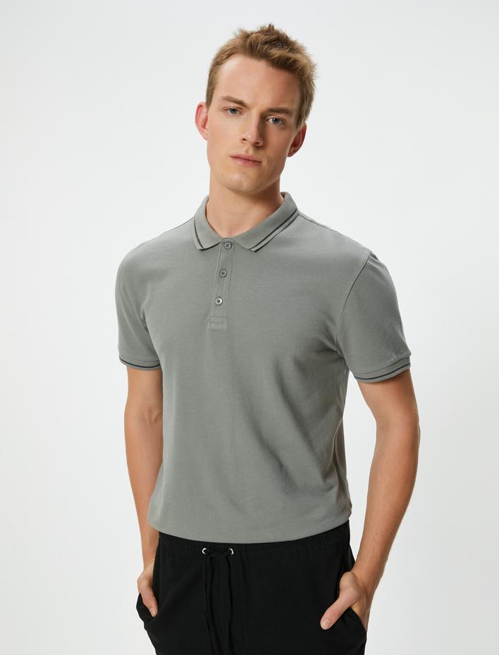  Slim Fit Polo Tişört Kısa Kollu Çizgi Detaylı Pamuklu