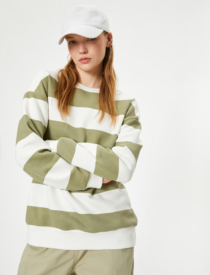  Şardonlu Bisiklet Yaka Sweatshirt Relax Fit Ribanalı Uzun Kollu