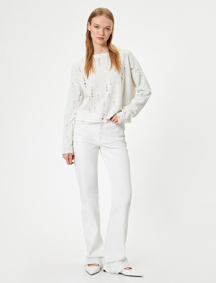  Yırtık Tişört Uzun Kollu Bisiklet Yaka Dokulu