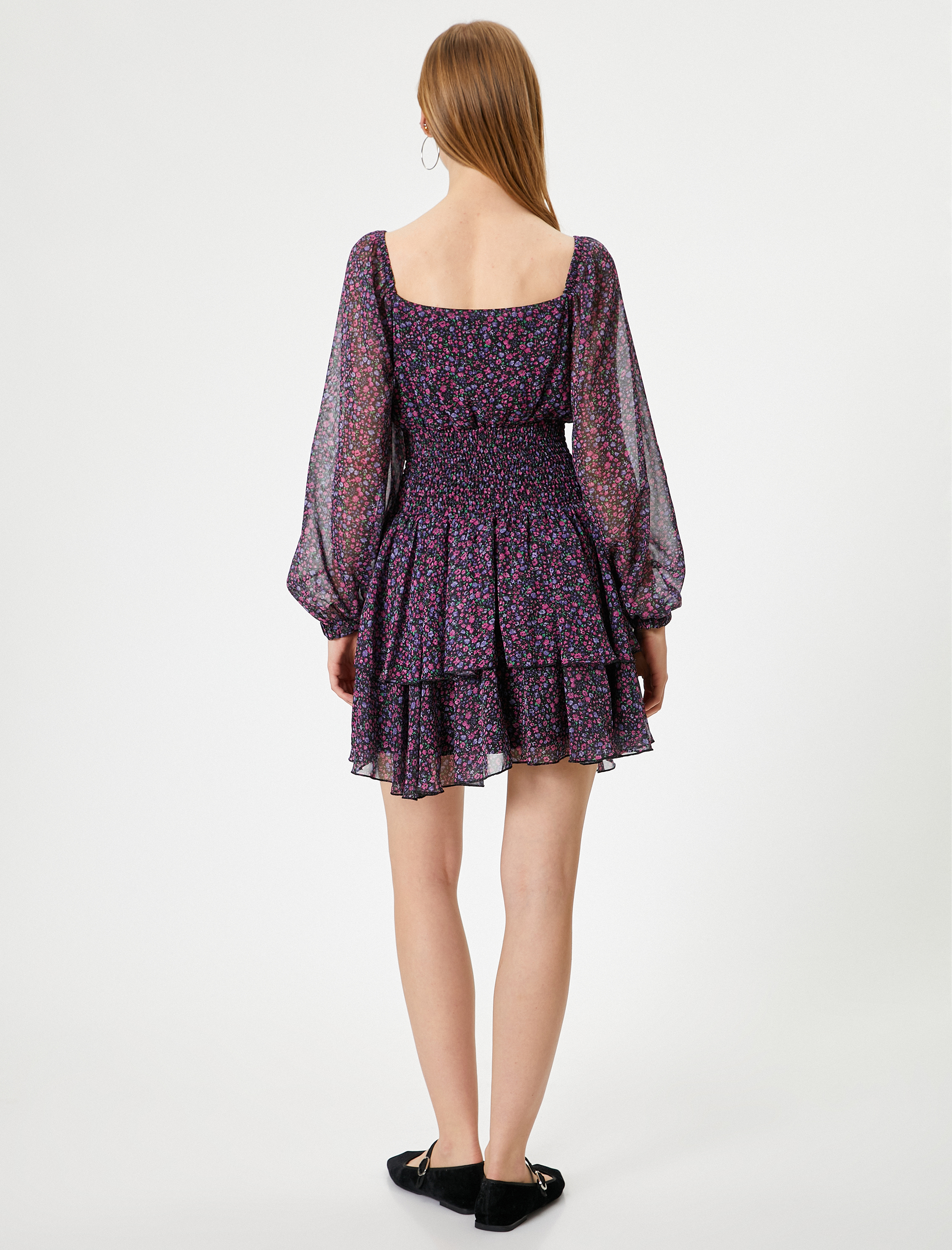 Mini Şifon Elbise Uzun Balon Kol Kare Yaka Volanlı Gipeli