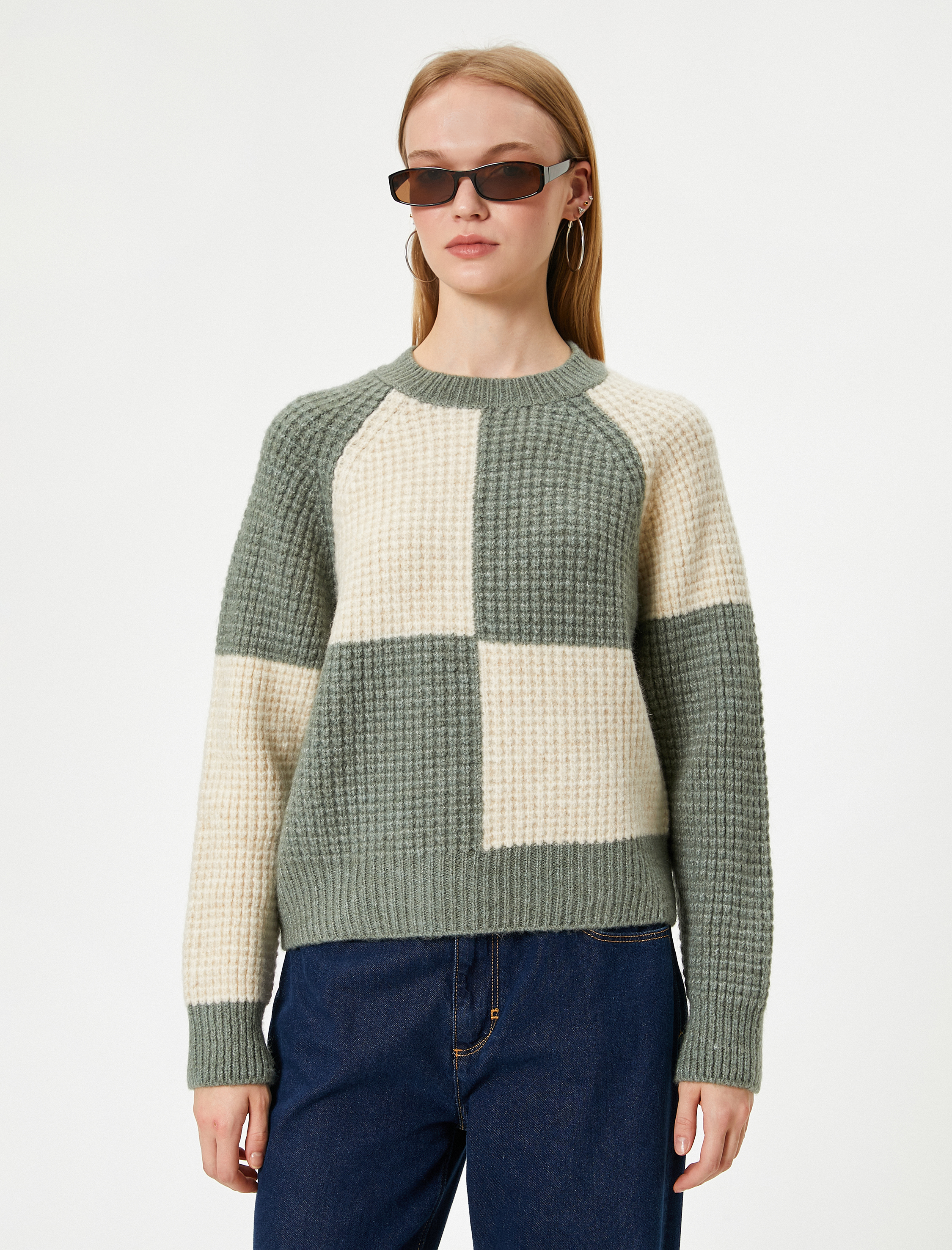   Triko Kazak Bisiklet Yaka Renk Bloklu Uzun Kollu