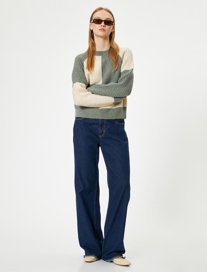  Triko Kazak Bisiklet Yaka Renk Bloklu Uzun Kollu