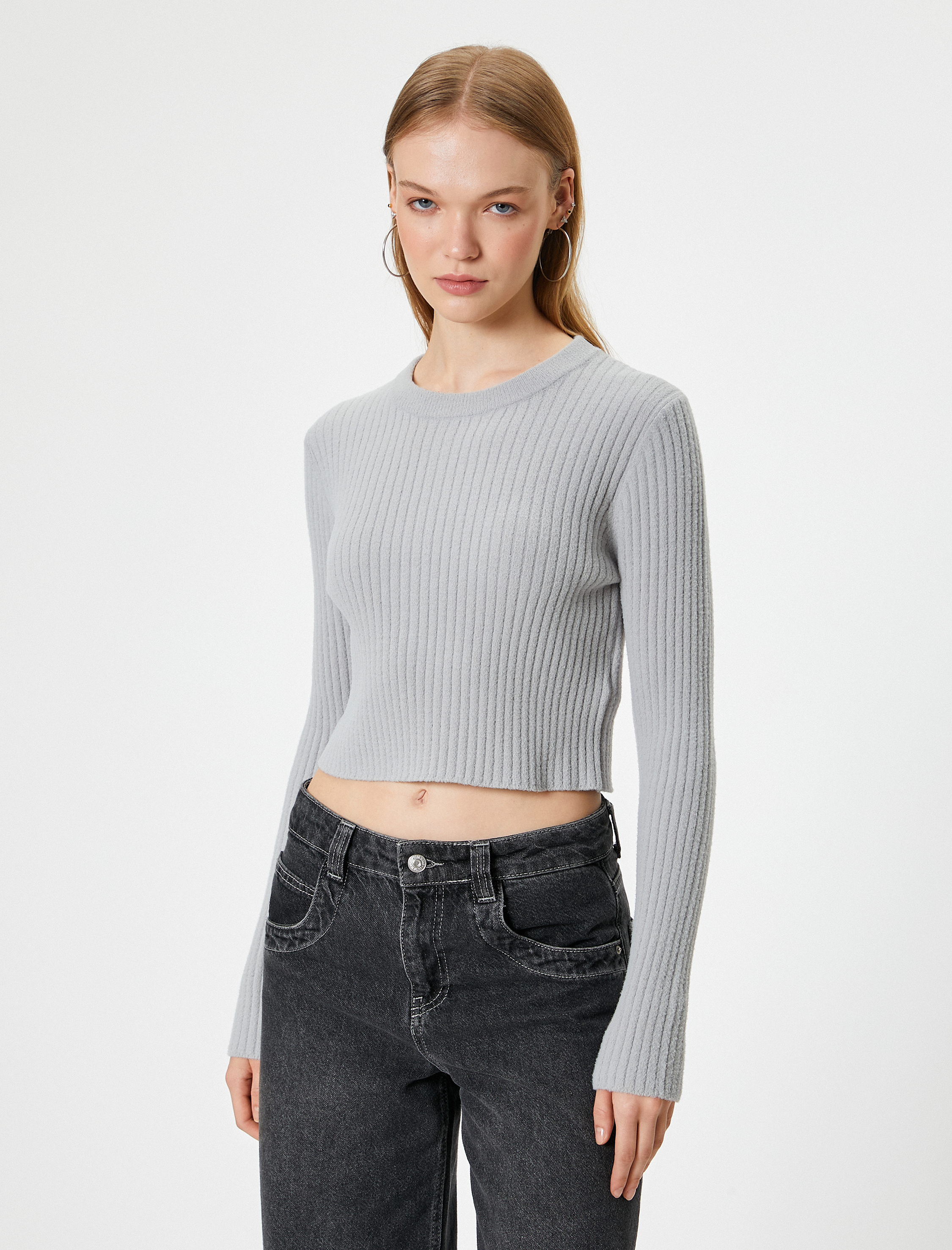 Bisiklet Yaka Crop Triko Kazak Slim Fit