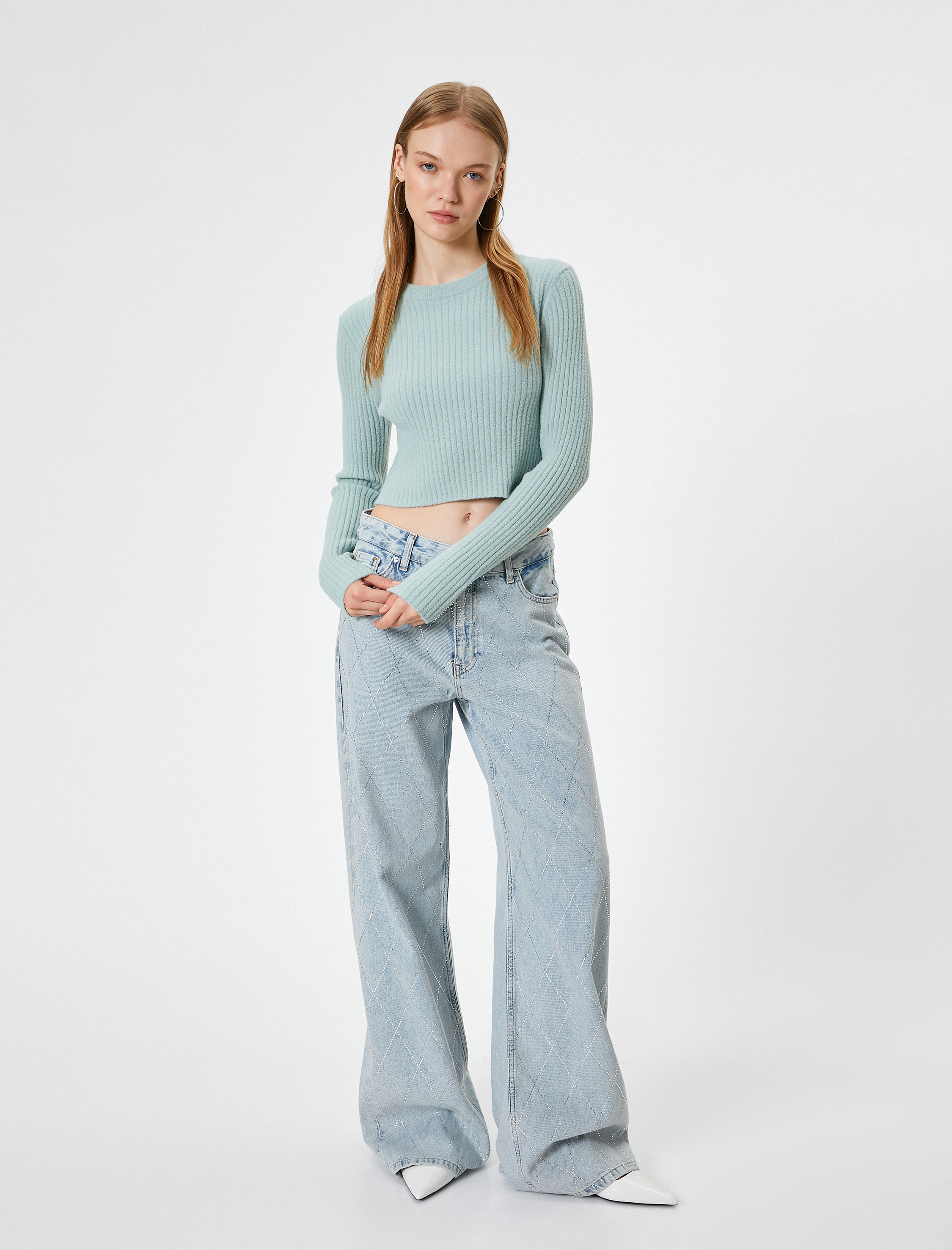 Bisiklet Yaka Crop Triko Kazak Slim Fit