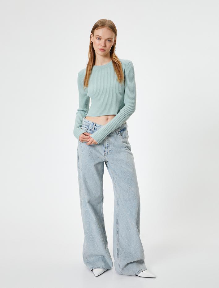  Bisiklet Yaka Crop Triko Kazak Slim Fit