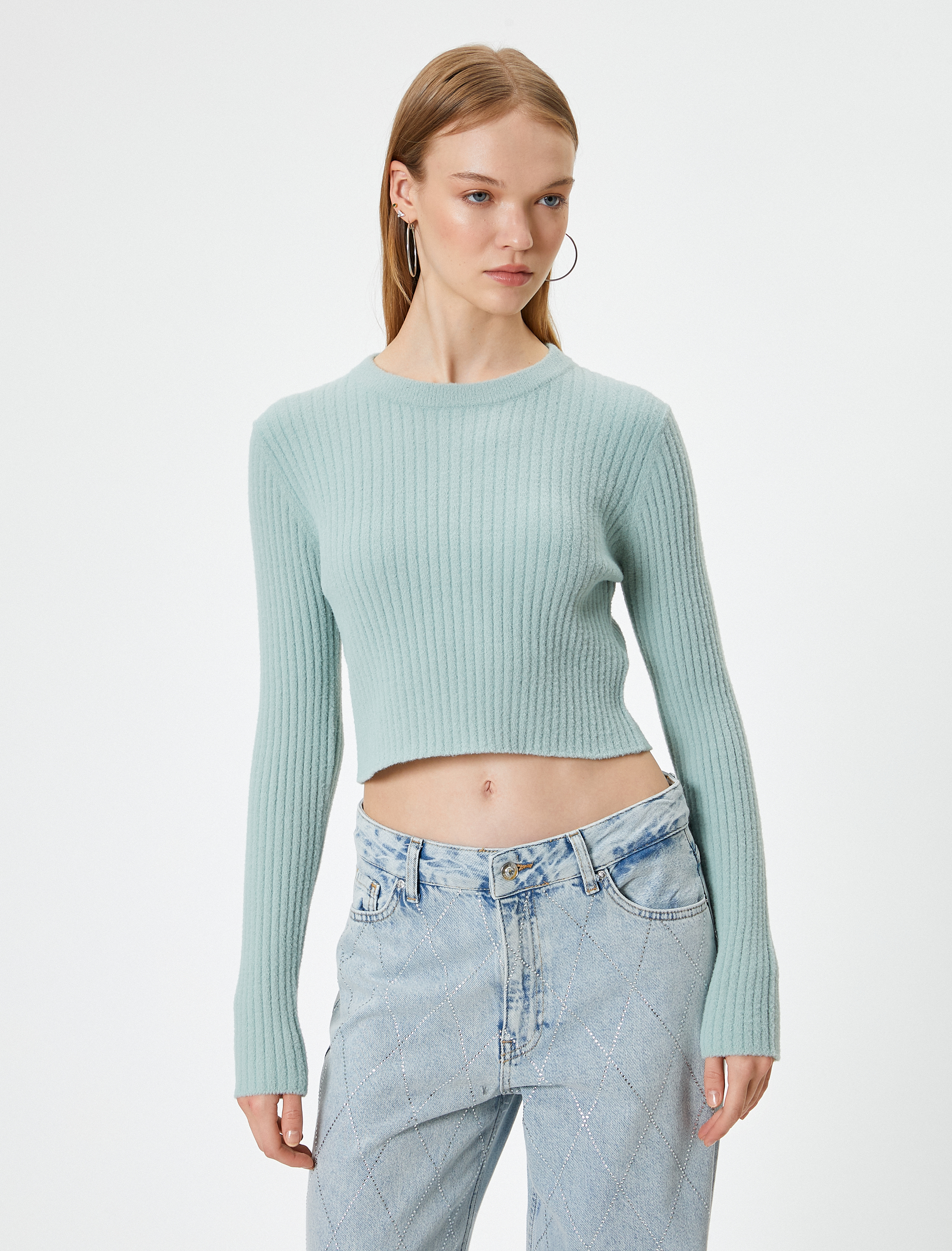 Bisiklet Yaka Crop Triko Kazak Slim Fit