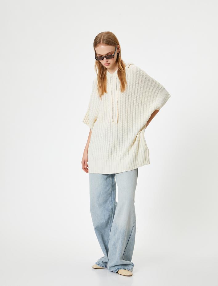  Oversize Triko Panço Kapüşonlu Örgü Dokulu Kısa Kollu