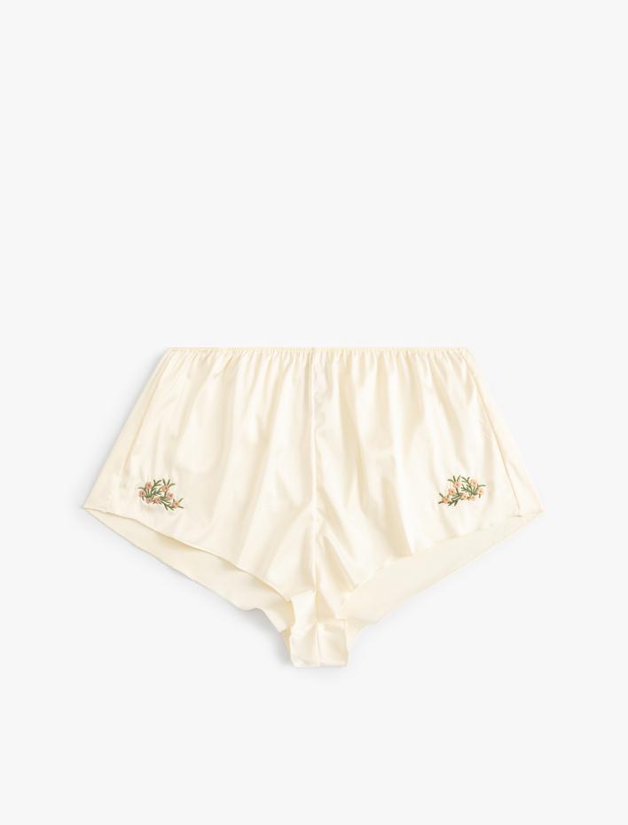  Çiçek İşlemeli Saten Şort Pijama Altı