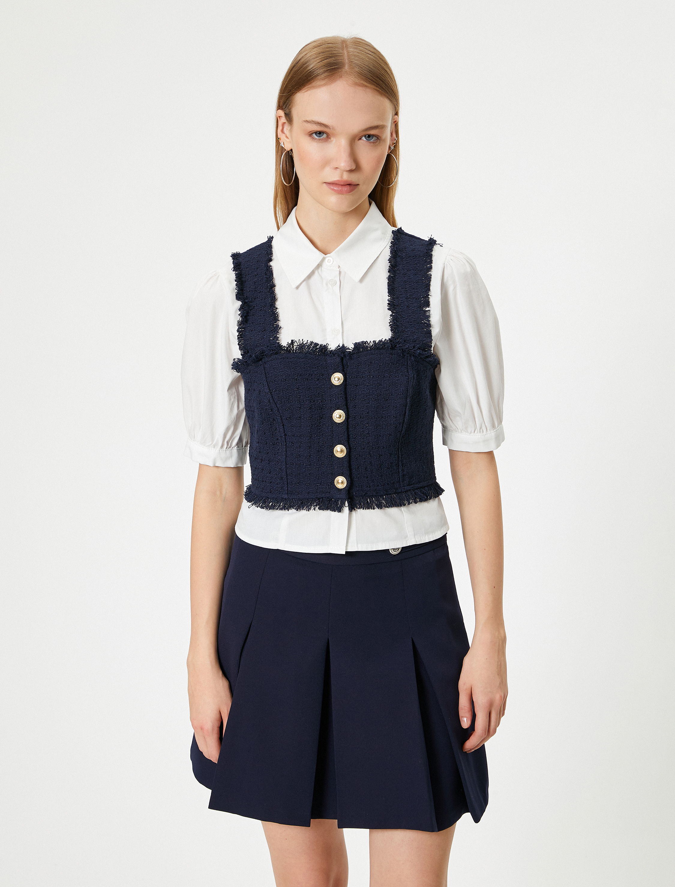   Balon Kol Bluz Crop Gömlek Yaka Tüvit Kumaş Detaylı