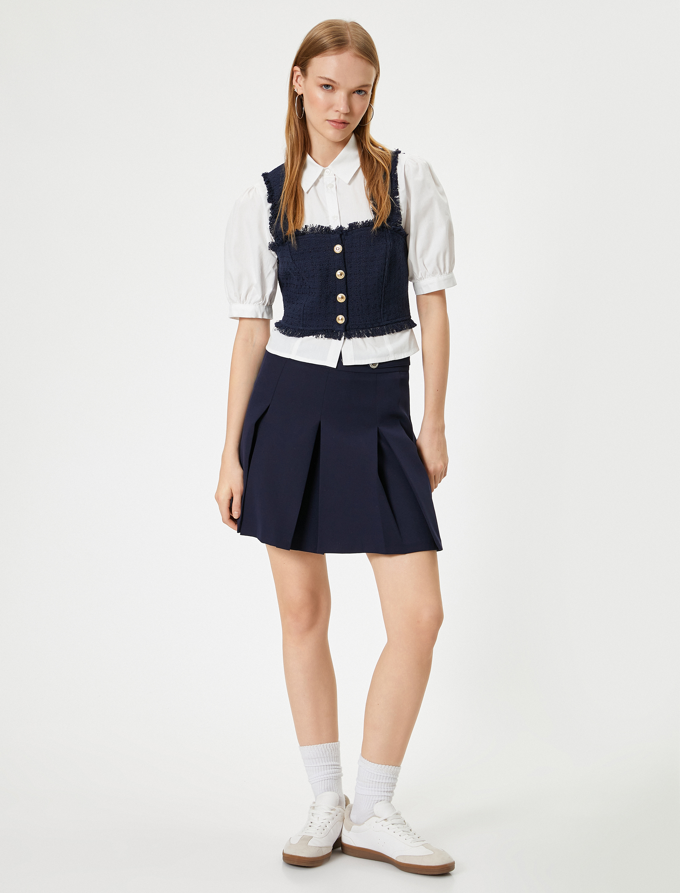   Balon Kol Bluz Crop Gömlek Yaka Tüvit Kumaş Detaylı