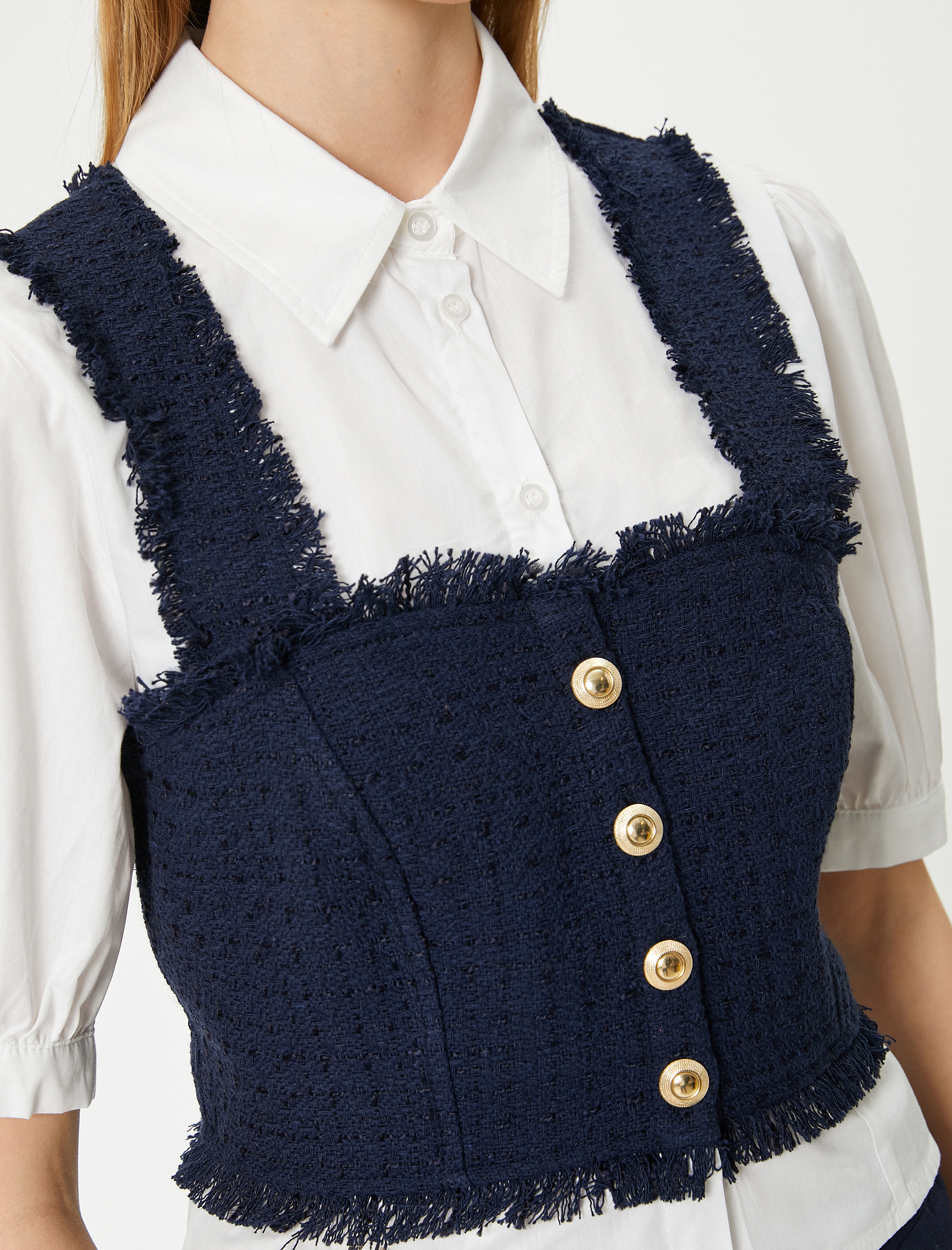   Balon Kol Bluz Crop Gömlek Yaka Tüvit Kumaş Detaylı