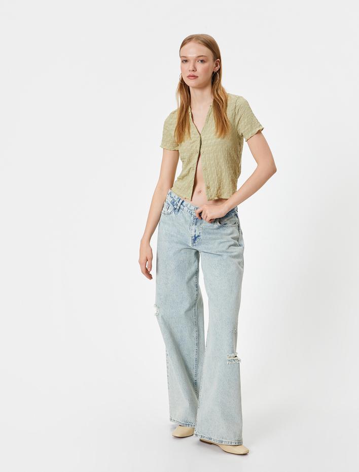  Kısa Kollu Gömlek Yaka Bluz Düğmeli Bürümcük