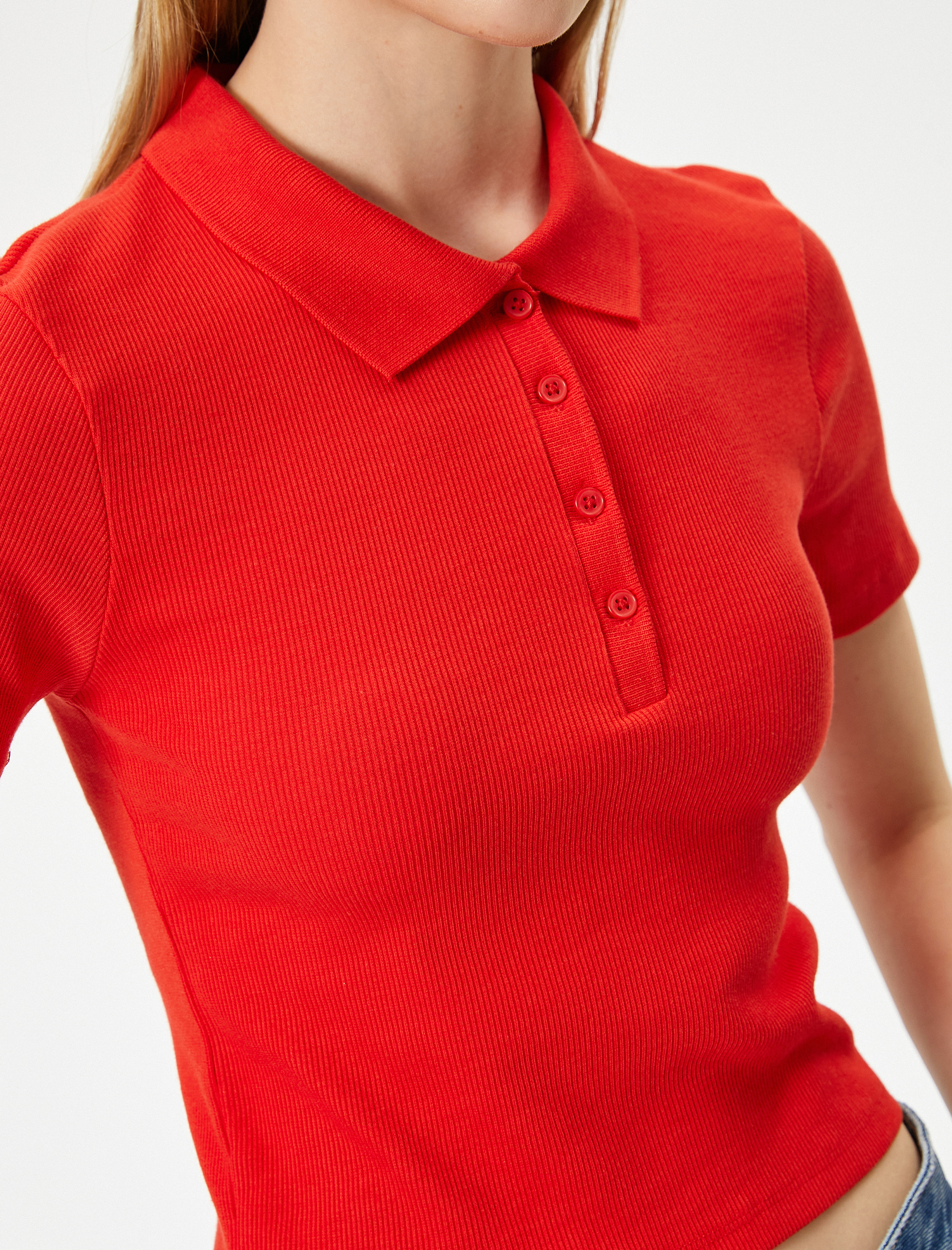   Polo Yaka Tişört Crop Slim Fit Düğmeli Kısa Kollu