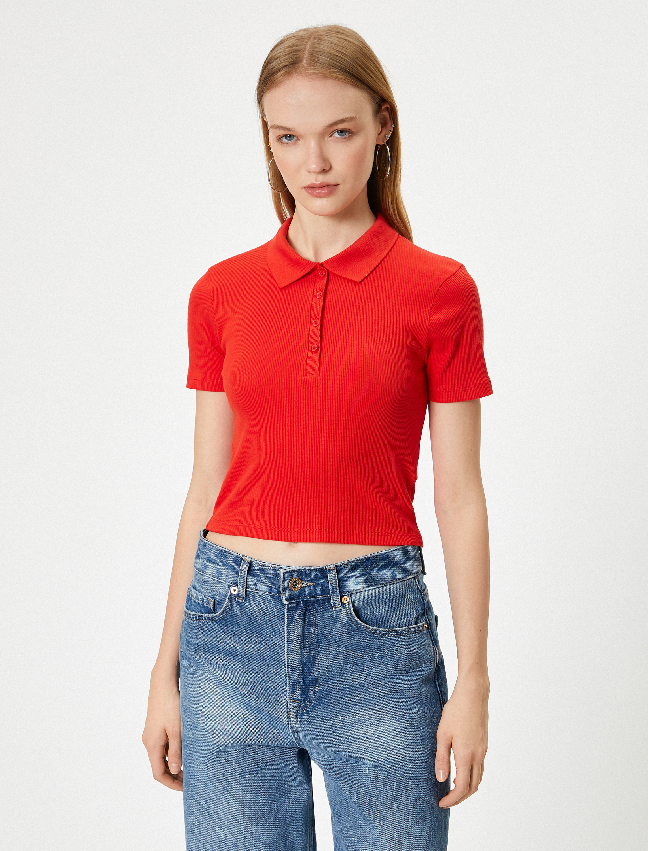   Polo Yaka Tişört Crop Slim Fit Düğmeli Kısa Kollu