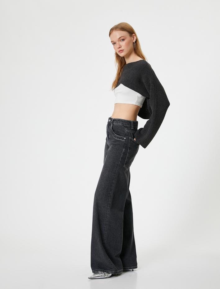  Crop Triko Kazak Kayık Yaka Katlı Çan Kol