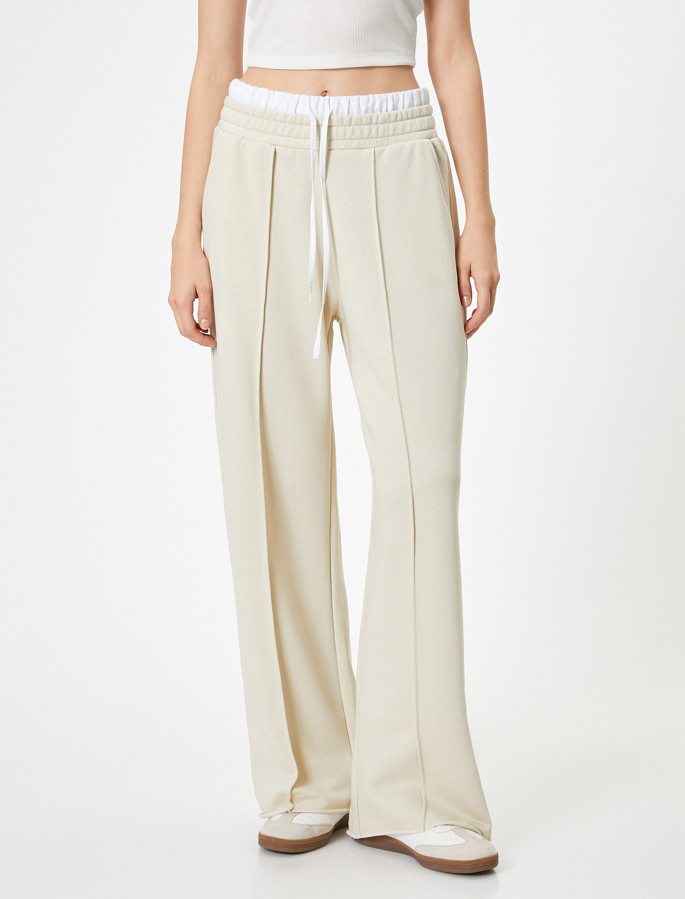 Bol Paça Eşofman Altı Çift Bel Detaylı Nervürlü Cepli Rahat Kalıp