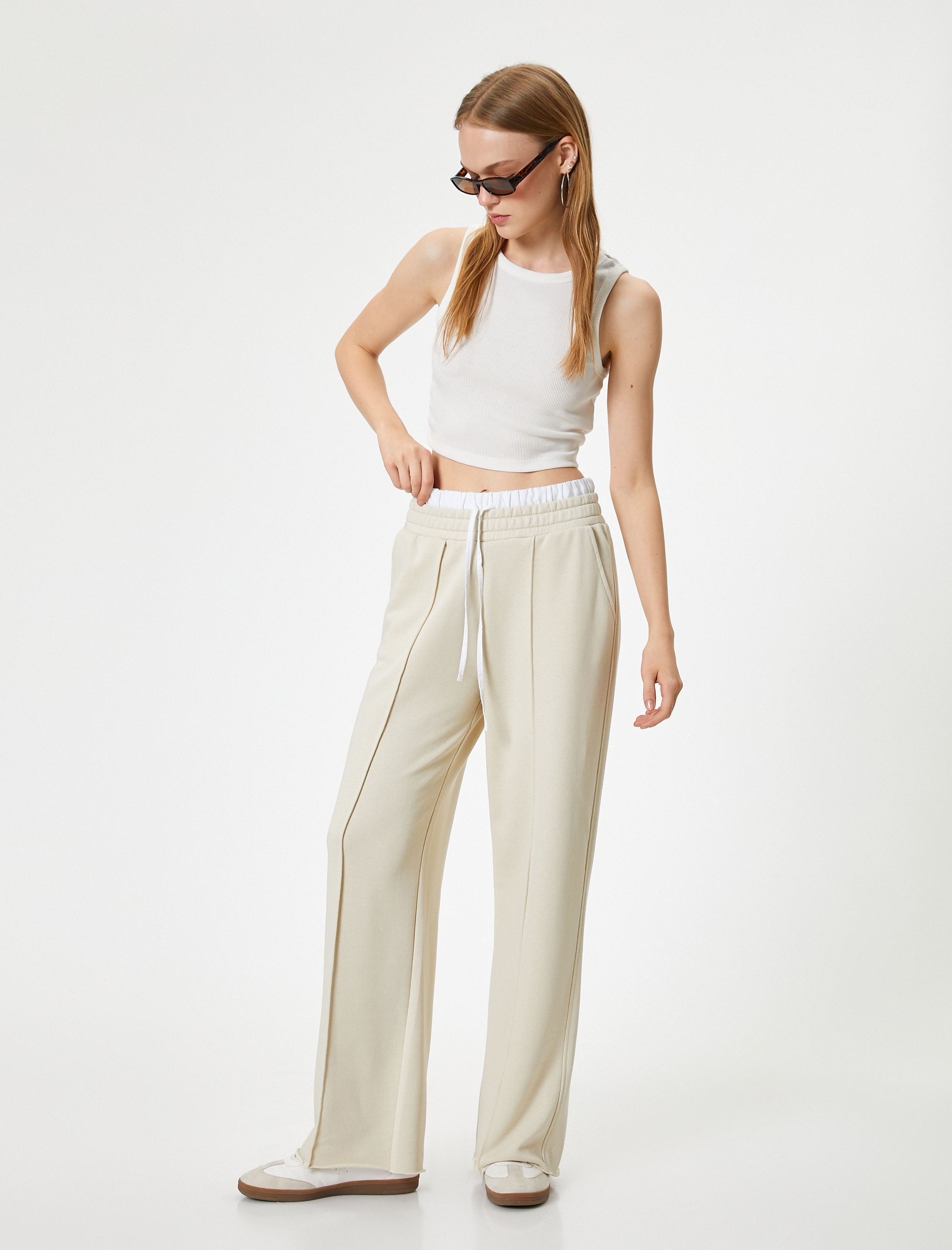 Bol Paça Eşofman Altı Çift Bel Detaylı Nervürlü Cepli Rahat Kalıp