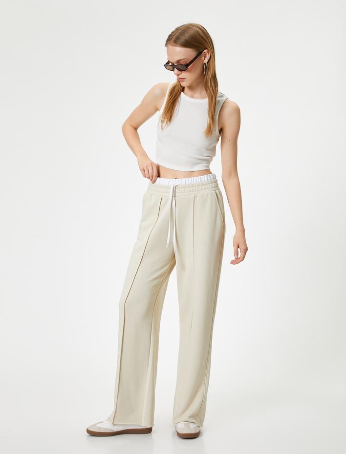  Bol Paça Eşofman Altı Çift Bel Detaylı Nervürlü Cepli Rahat Kalıp