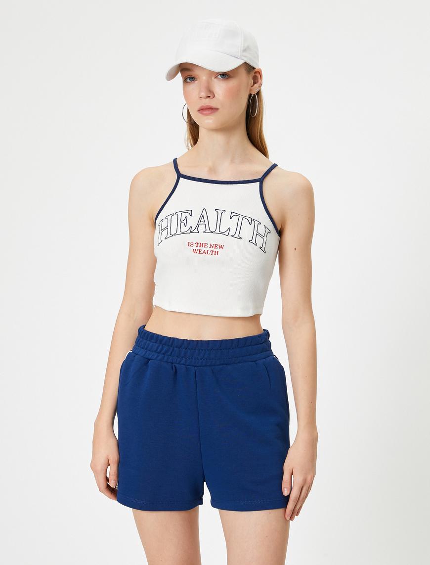   Crop Spor Atlet Slogan Baskılı Halter Yaka Askılı Slim Fit