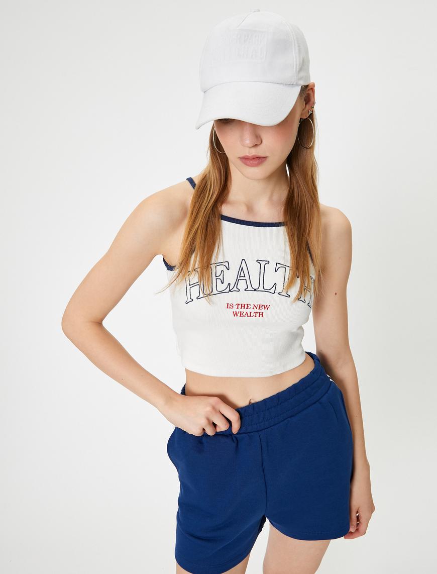   Crop Spor Atlet Slogan Baskılı Halter Yaka Askılı Slim Fit