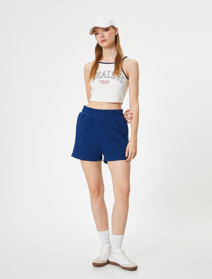  Crop Spor Atlet Slogan Baskılı Halter Yaka Askılı Slim Fit