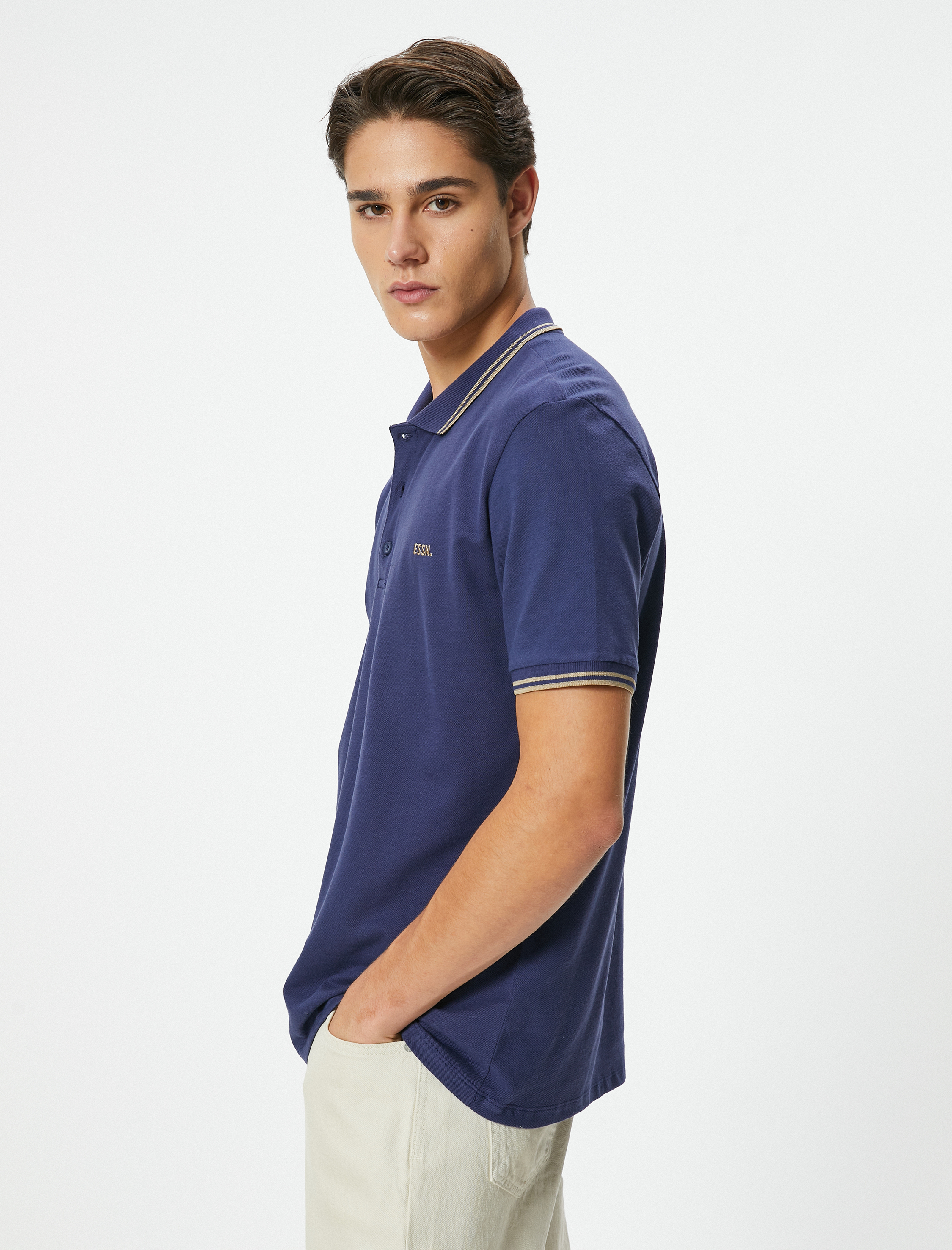   Polo Yaka Tişört Düğmeli Kısa Kollu Sloganlı Biyeli