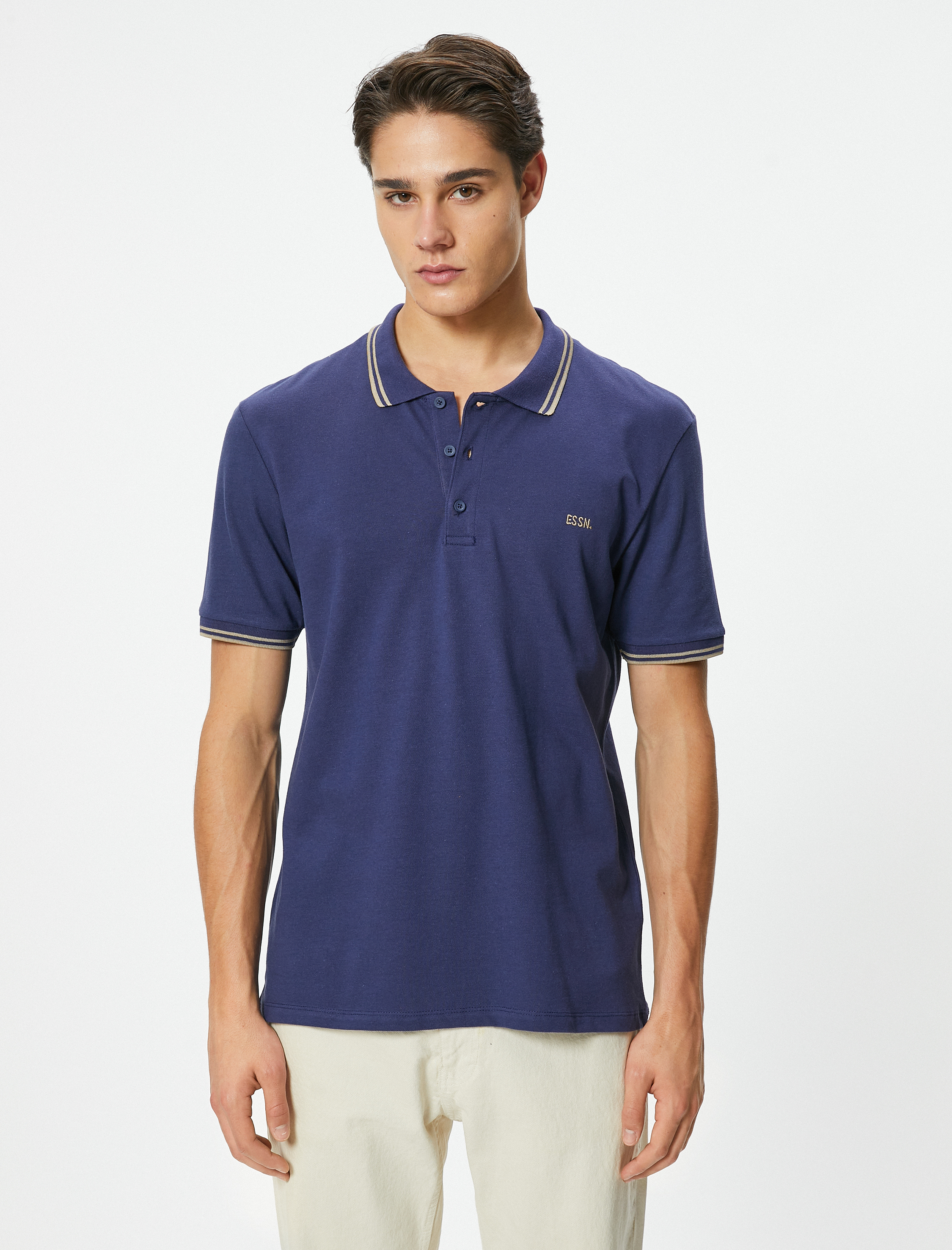   Polo Yaka Tişört Düğmeli Kısa Kollu Sloganlı Biyeli