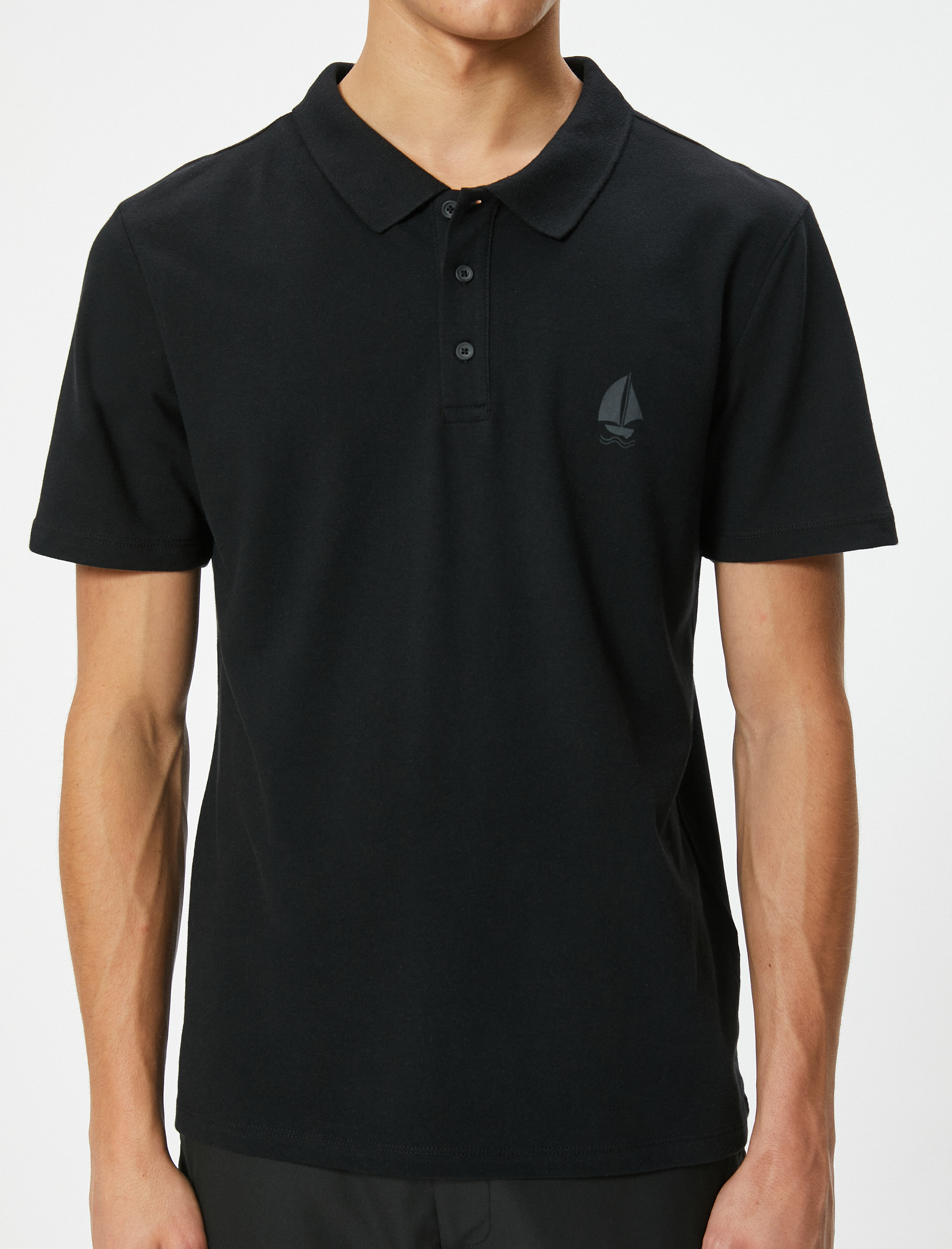   Polo Yaka Tişört Minimal Baskılı Düğmeli Kısa Kollu