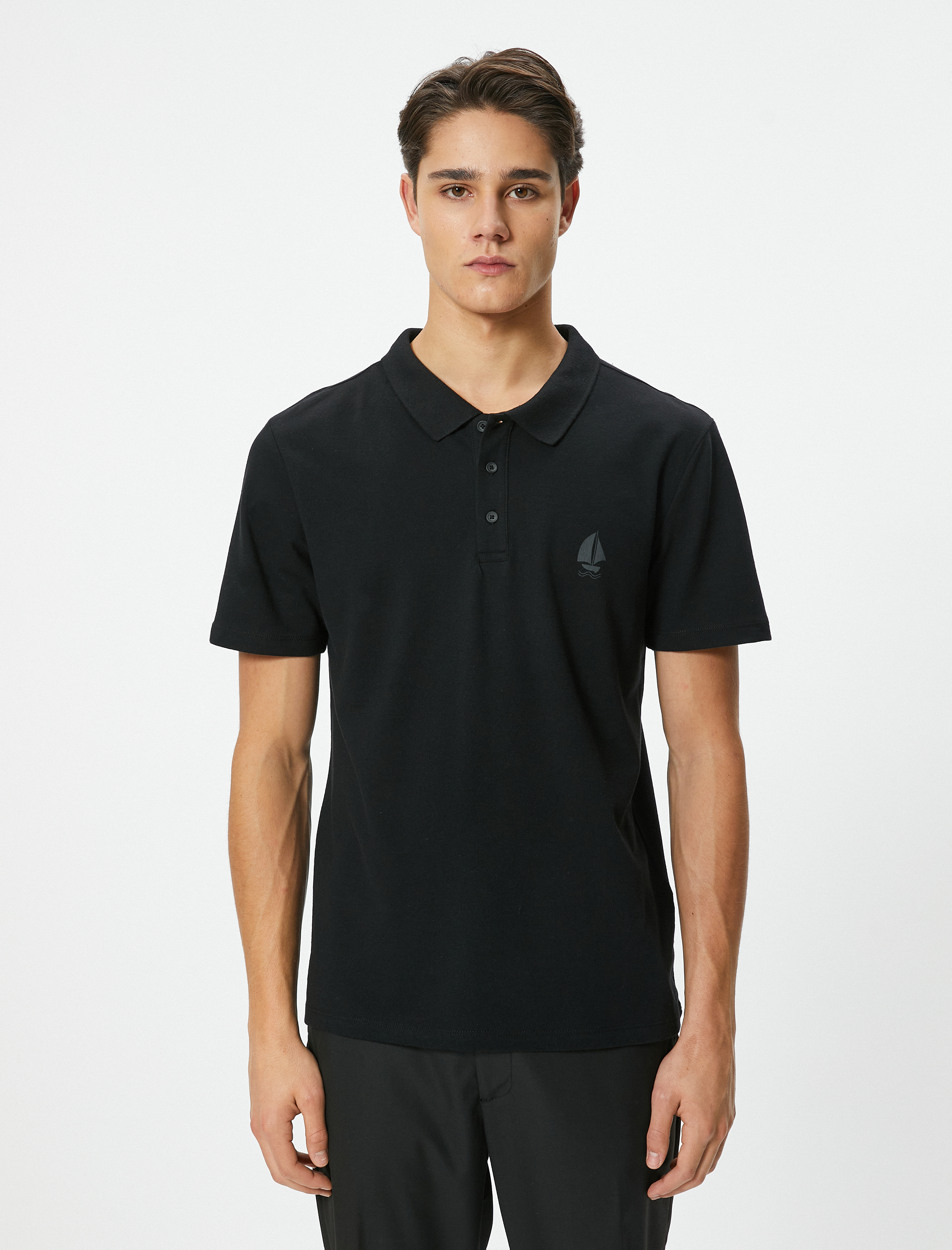   Polo Yaka Tişört Minimal Baskılı Düğmeli Kısa Kollu